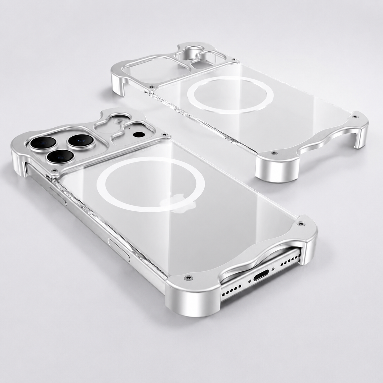Premium iPhone Case Aluminum Corner Bumper MagSafe Compatible Magnetic Protective Cover Transparent Back Shockproof Camera Lens Guard