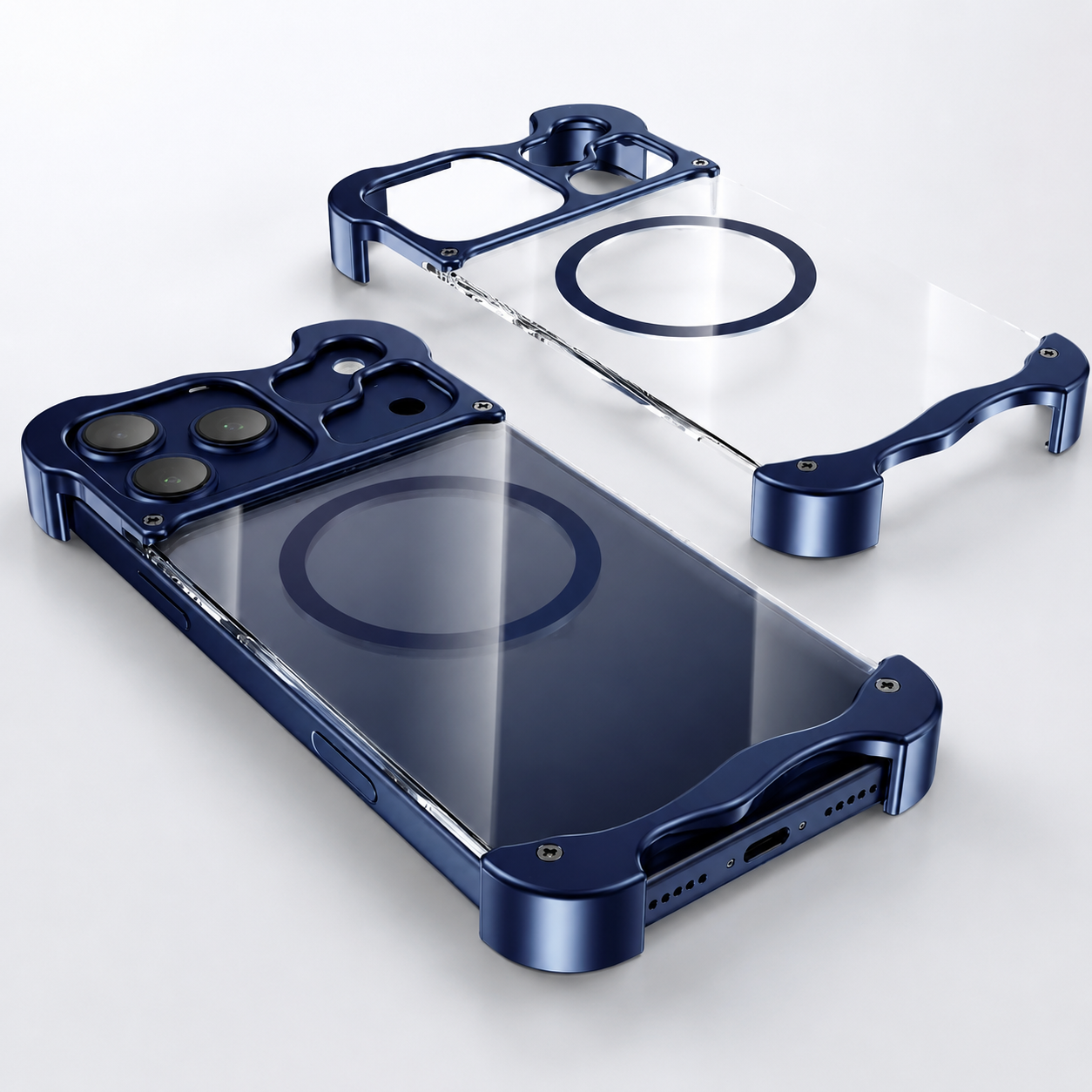 Premium iPhone Case Aluminum Corner Bumper MagSafe Compatible Magnetic Protective Cover Transparent Back Shockproof Camera Lens Guard