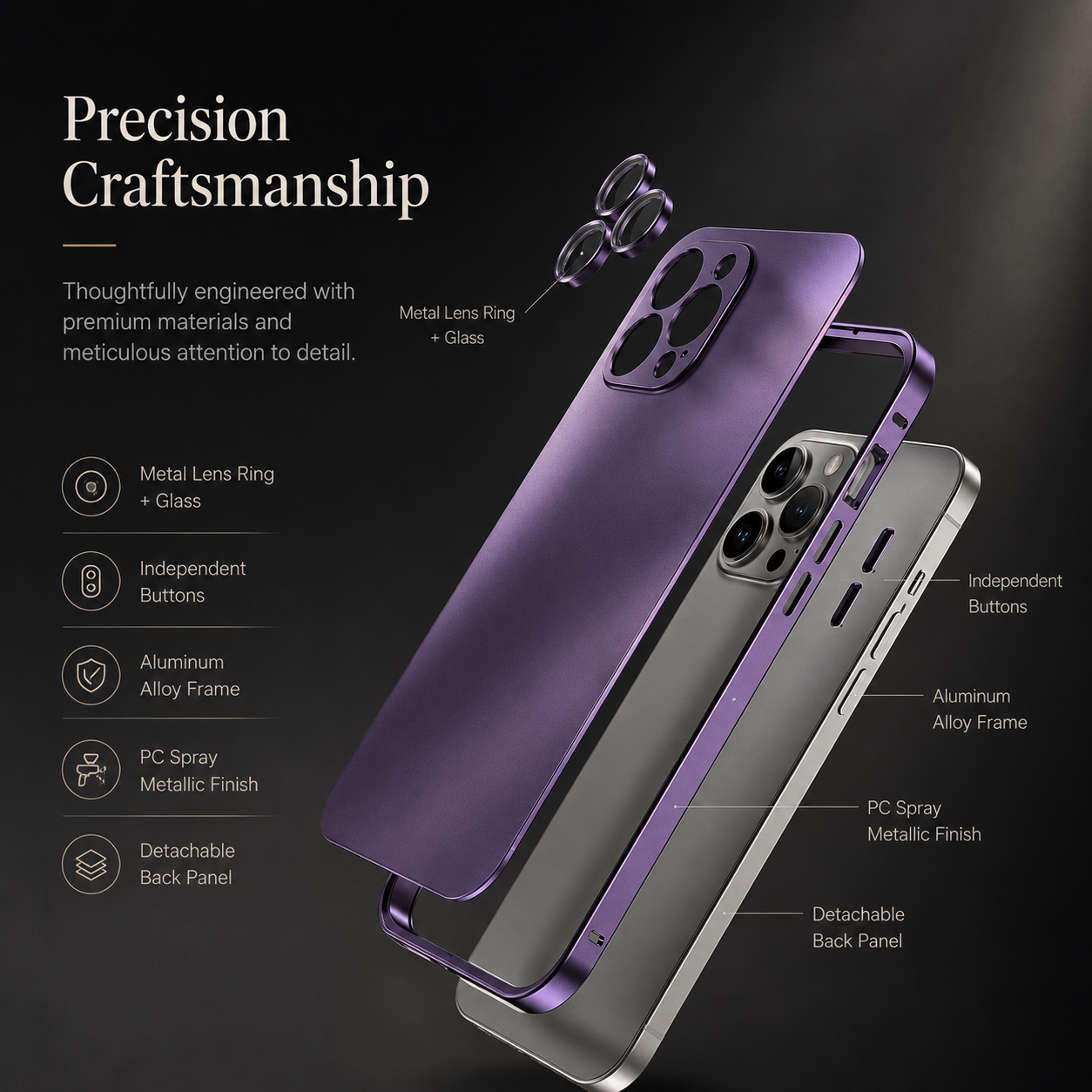 Premium iPhone Case Aluminum Metal Frame Shockproof Protective Cover PC Back Camera Lens Protection Wireless Charging Compatible Slim Luxury Design