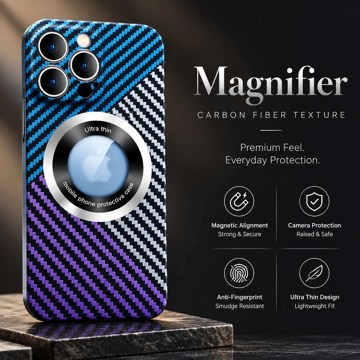 Premium iPhone Case Carbon Fiber MagSafe Cover Frameless Matte PC Slim Protective Case Logo Hollow Magnetic Ring Wireless Charging Compatible