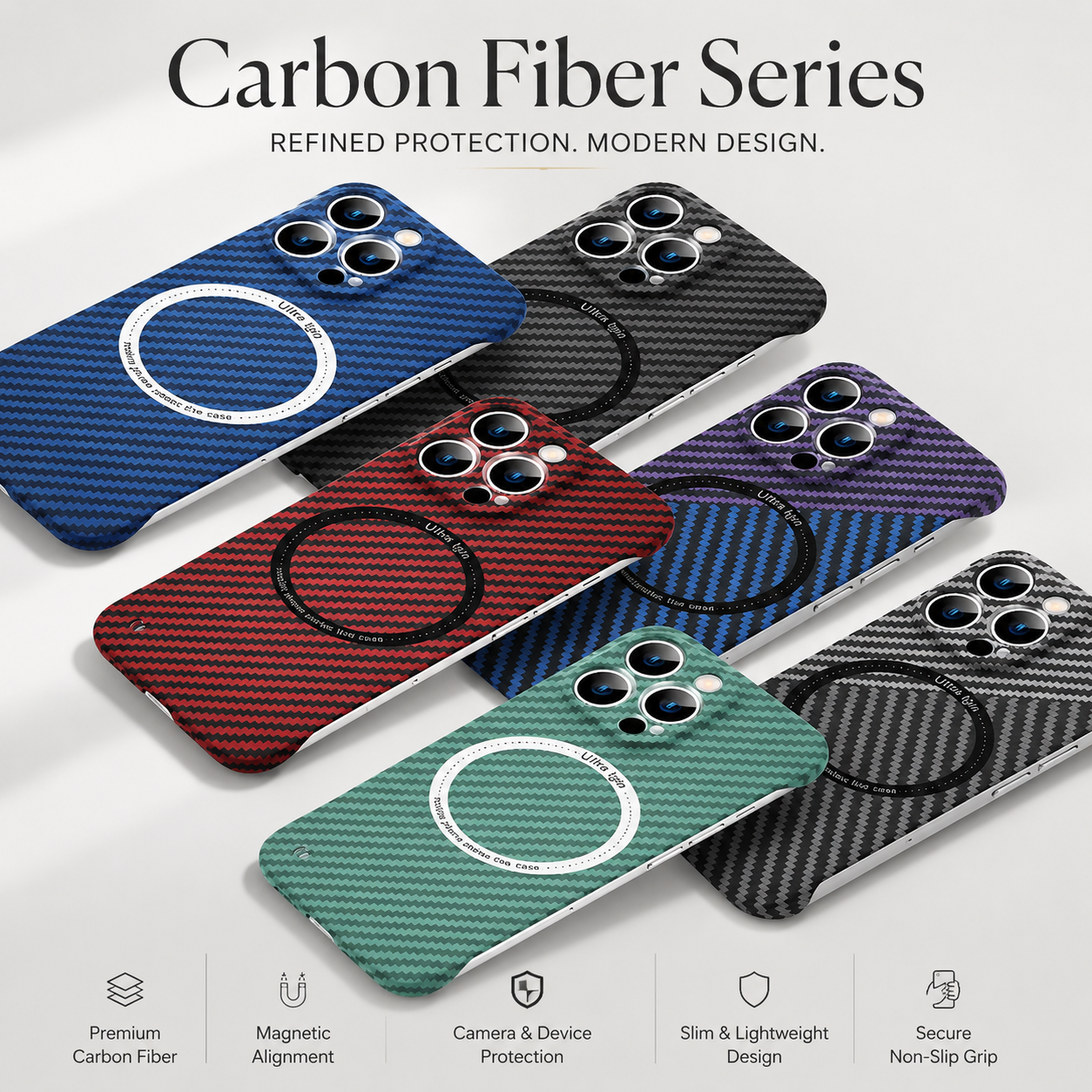 Premium iPhone Case Carbon Fiber MagSafe Cover Frameless Matte PC Slim Protective Case Logo Hollow Magnetic Ring Wireless Charging Compatible