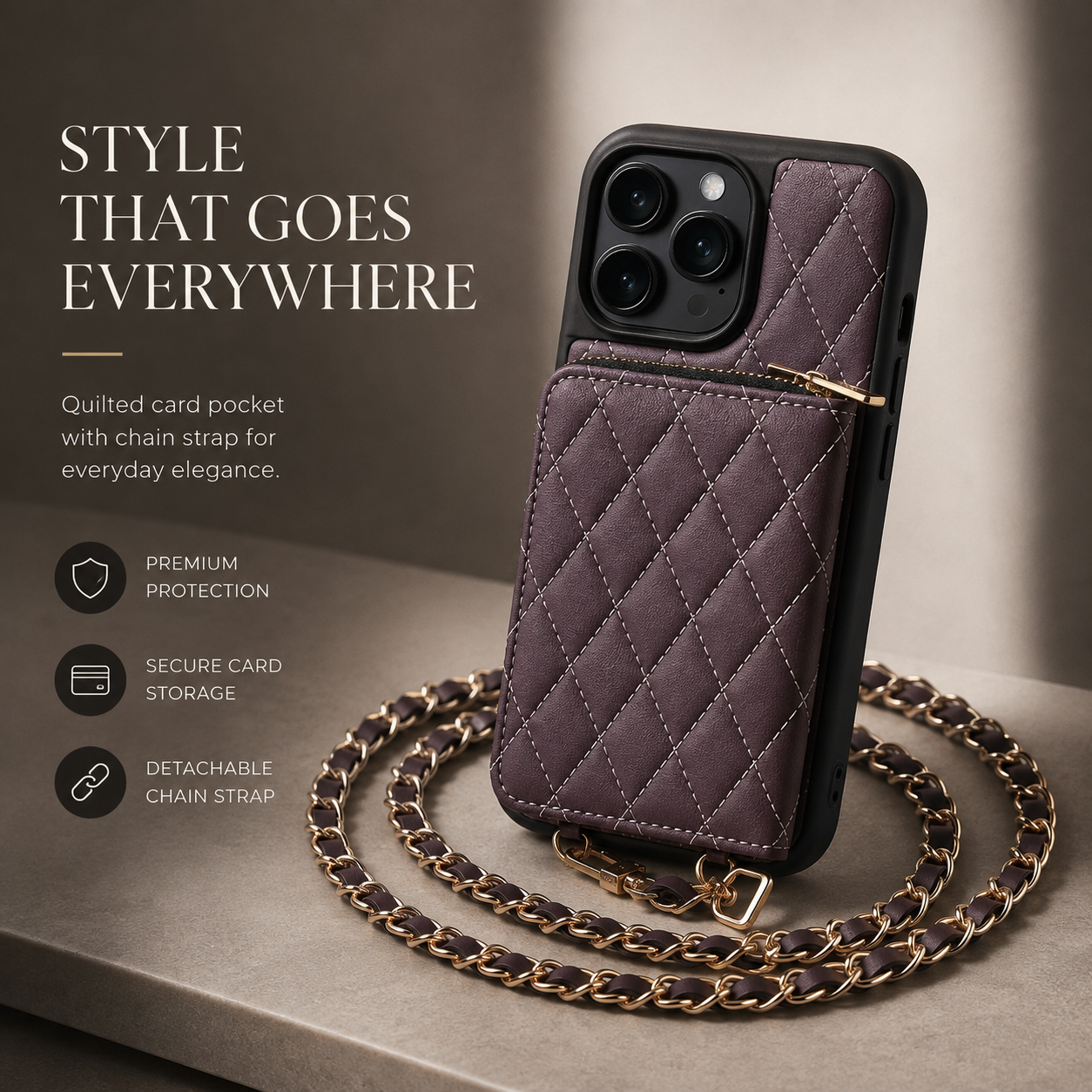 Premium iPhone Case Crossbody Leather Card Holder Cover Chain Strap Camera Lens Protection Shockproof Anti Scratch Non Slip Full Coverage