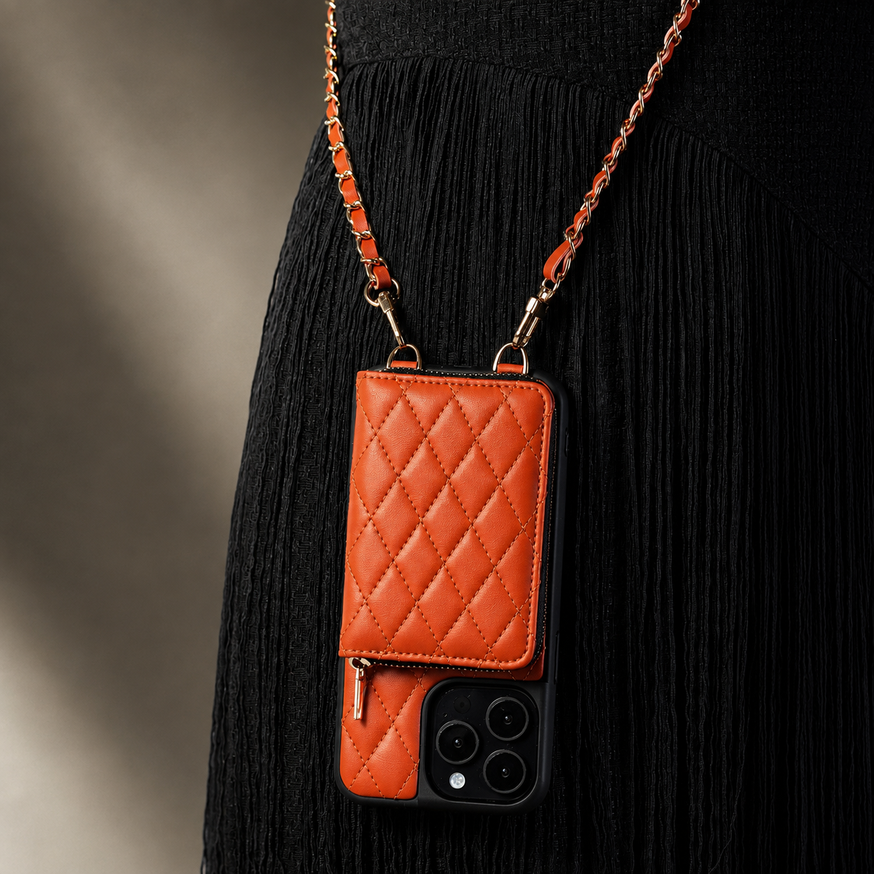 Premium iPhone Case Crossbody Leather Card Holder Cover Chain Strap Camera Lens Protection Shockproof Anti Scratch Non Slip Full Coverage