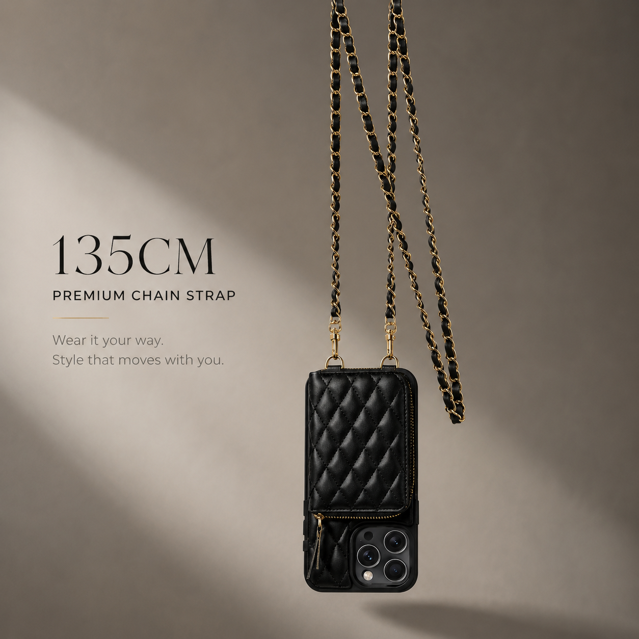 Premium iPhone Case Crossbody Leather Card Holder Cover Chain Strap Camera Lens Protection Shockproof Anti Scratch Non Slip Full Coverage