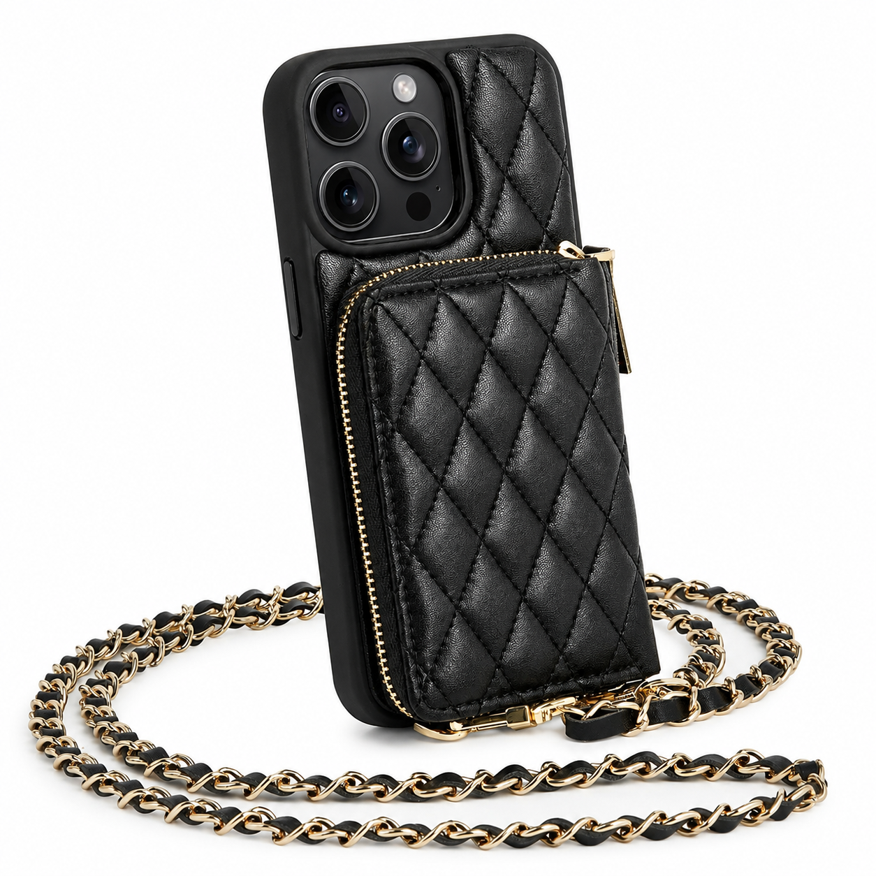 Premium iPhone Case Crossbody Leather Card Holder Cover Chain Strap Camera Lens Protection Shockproof Anti Scratch Non Slip Full Coverage