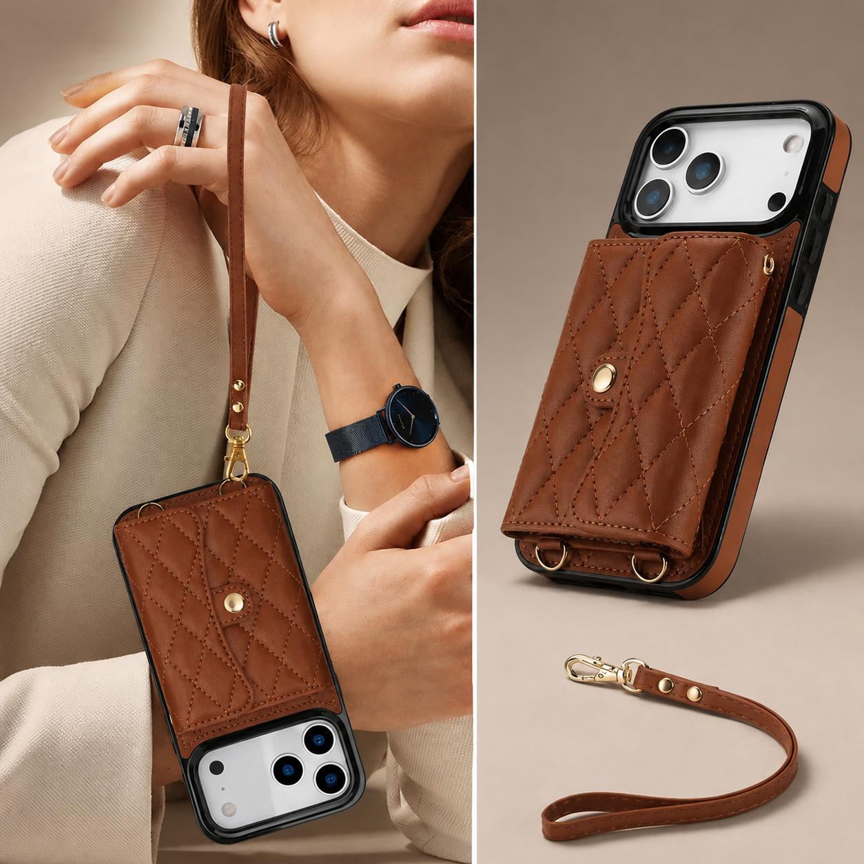 Premium iPhone Case Crossbody Leather Wallet Cover Card Holder Coin Pocket Wrist Strap Shoulder Strap Shockproof Protective Cover Full Coverage Non Slip Design