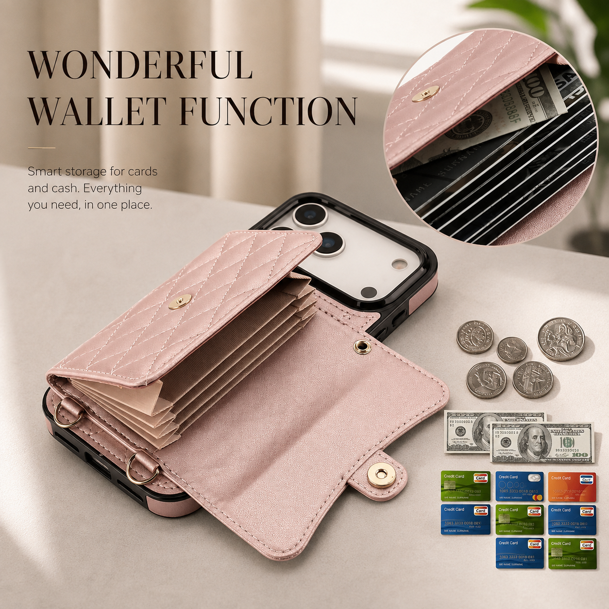 Premium iPhone Case Crossbody Leather Wallet Cover Card Holder Coin Pocket Wrist Strap Shoulder Strap Shockproof Protective Cover Full Coverage Non Slip Design