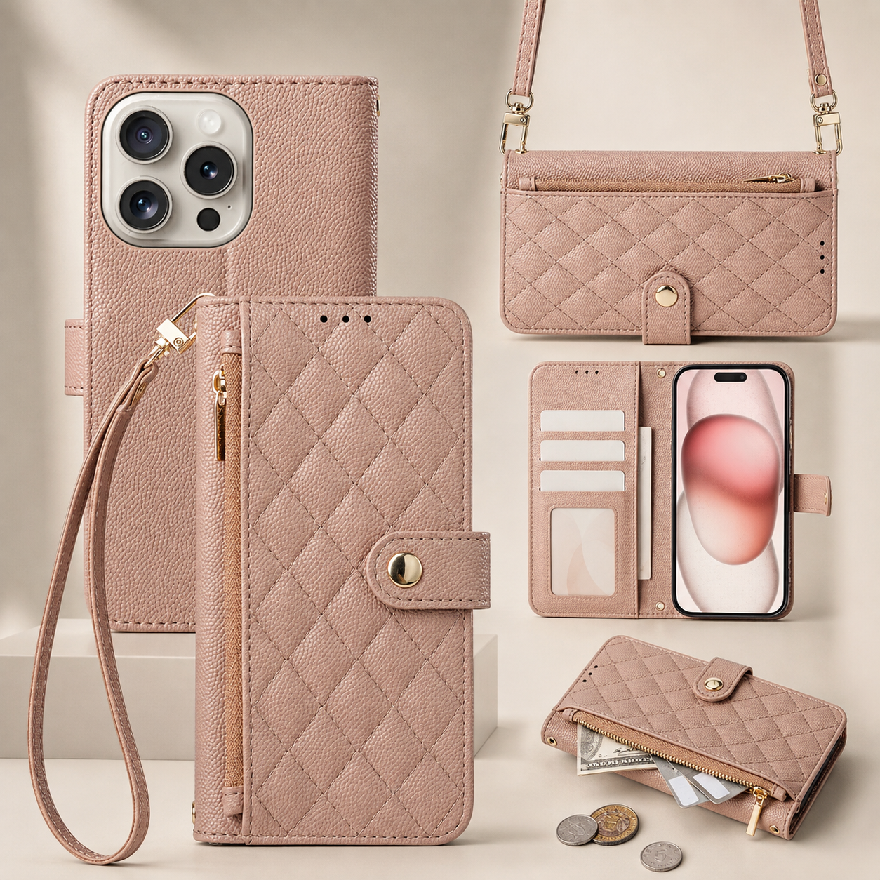 Premium iPhone Case Crossbody Leather Wallet Cover Card Holder Lanyard Strap Camera Lens Protection Anti Scratch Non Slip Protective PU Design