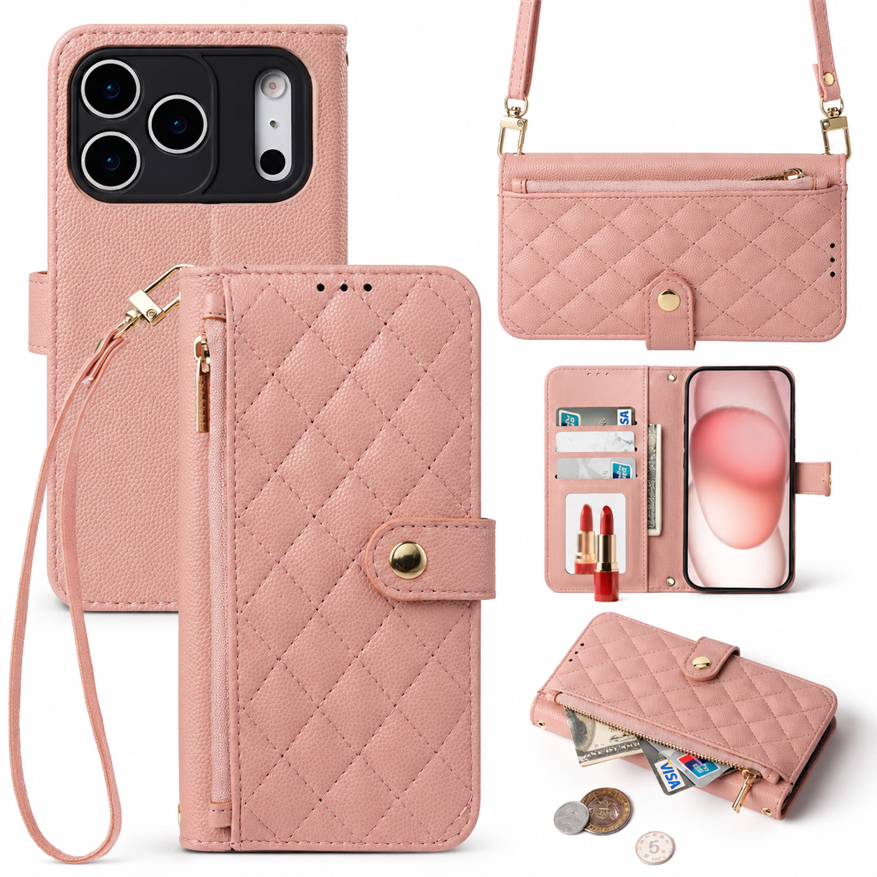 Premium iPhone Case Crossbody Leather Wallet Cover Card Holder Lanyard Strap Camera Lens Protection Anti Scratch Non Slip Protective PU Design