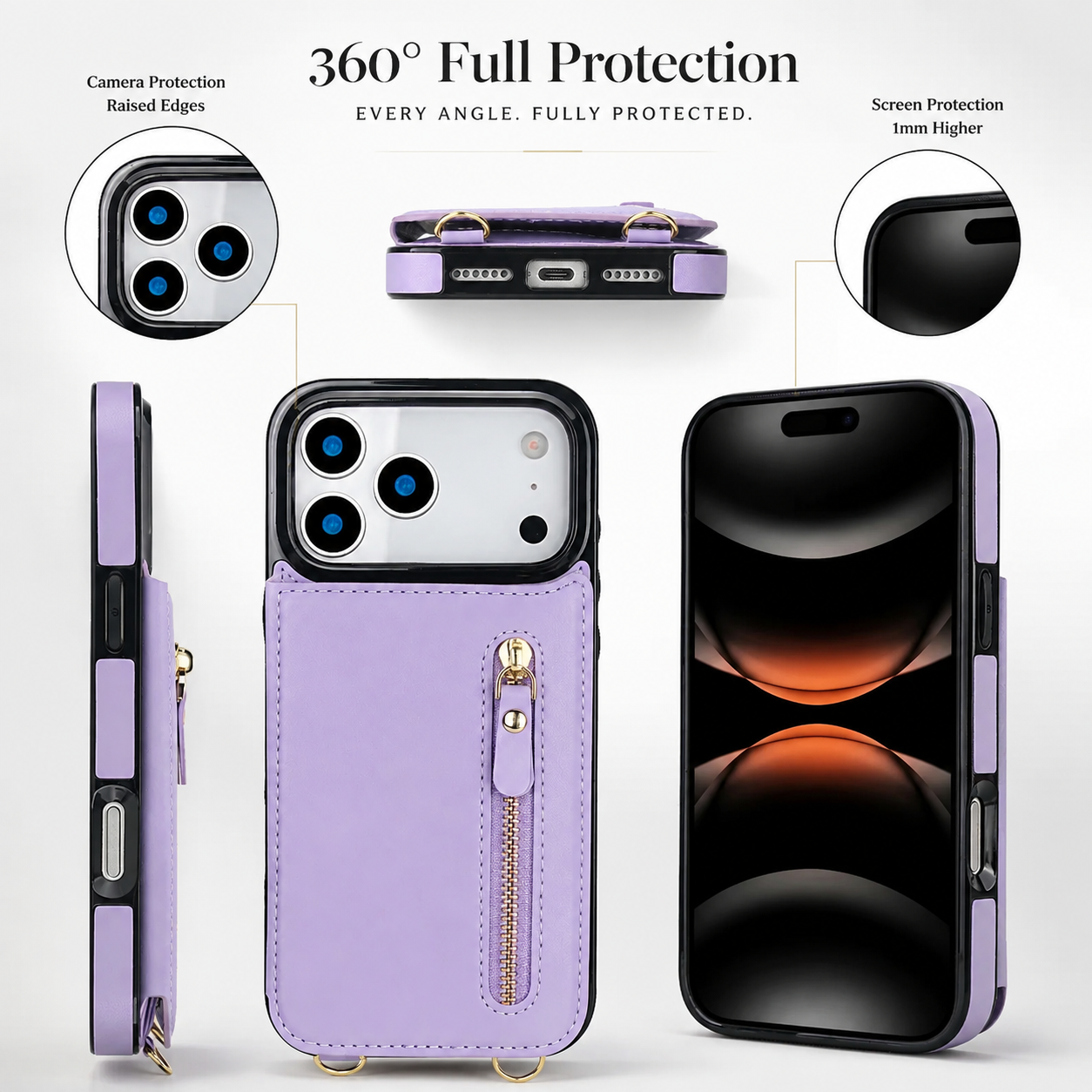 Premium iPhone Case Crossbody Leather Wallet Cover RFID Card Holder Zipper Pocket Lanyard Strap Shockproof Anti Fingerprint Full Coverage
