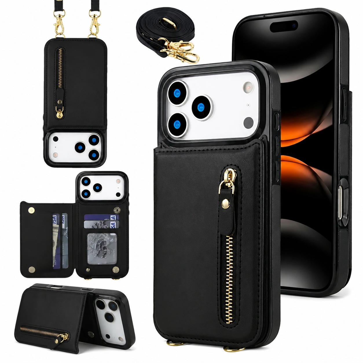 Premium iPhone Case Crossbody Leather Wallet Cover RFID Card Holder Zipper Pocket Lanyard Strap Shockproof Anti Fingerprint Full Coverage