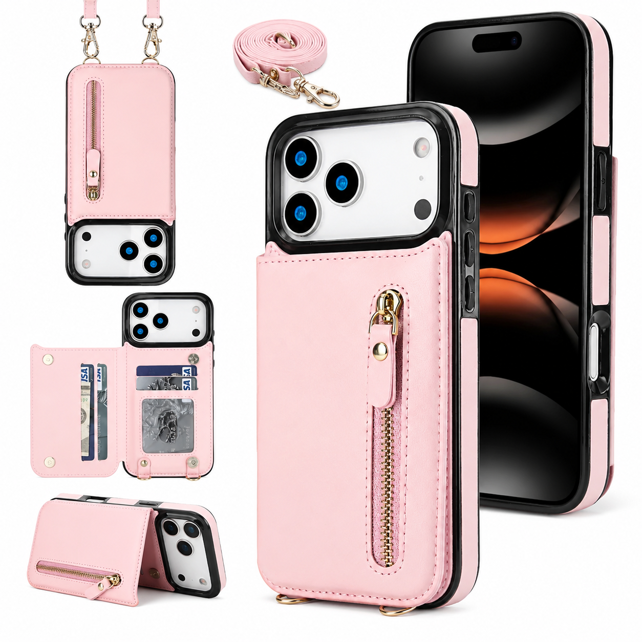 Premium iPhone Case Crossbody Leather Wallet Cover RFID Card Holder Zipper Pocket Lanyard Strap Shockproof Anti Fingerprint Protective Design