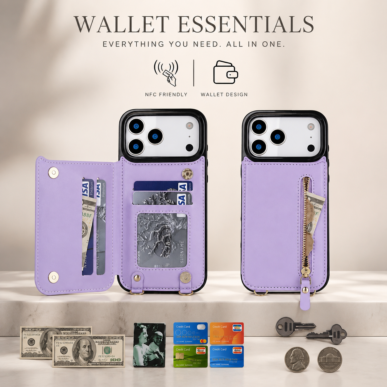 Premium iPhone Case Crossbody Leather Wallet Cover RFID Card Holder Zipper Pocket Lanyard Strap Shockproof Anti Fingerprint Protective Design