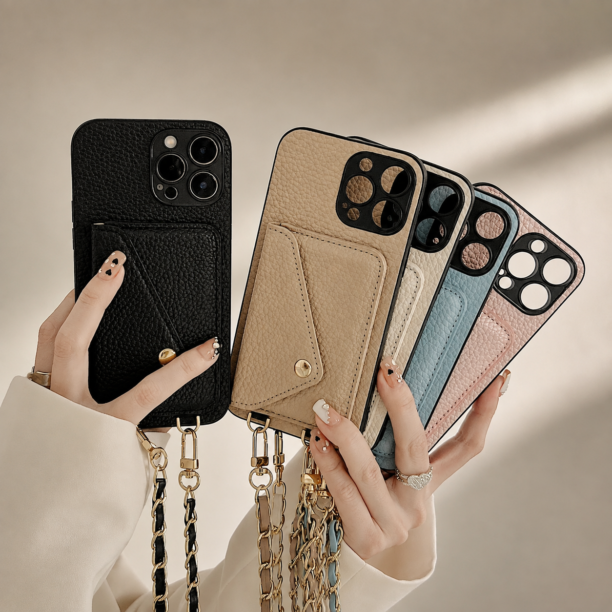 Premium iPhone Case Crossbody Wallet Cover Card Holder Chain Strap Camera Lens Protection PU Leather Shockproof Anti Scratch Full Coverage