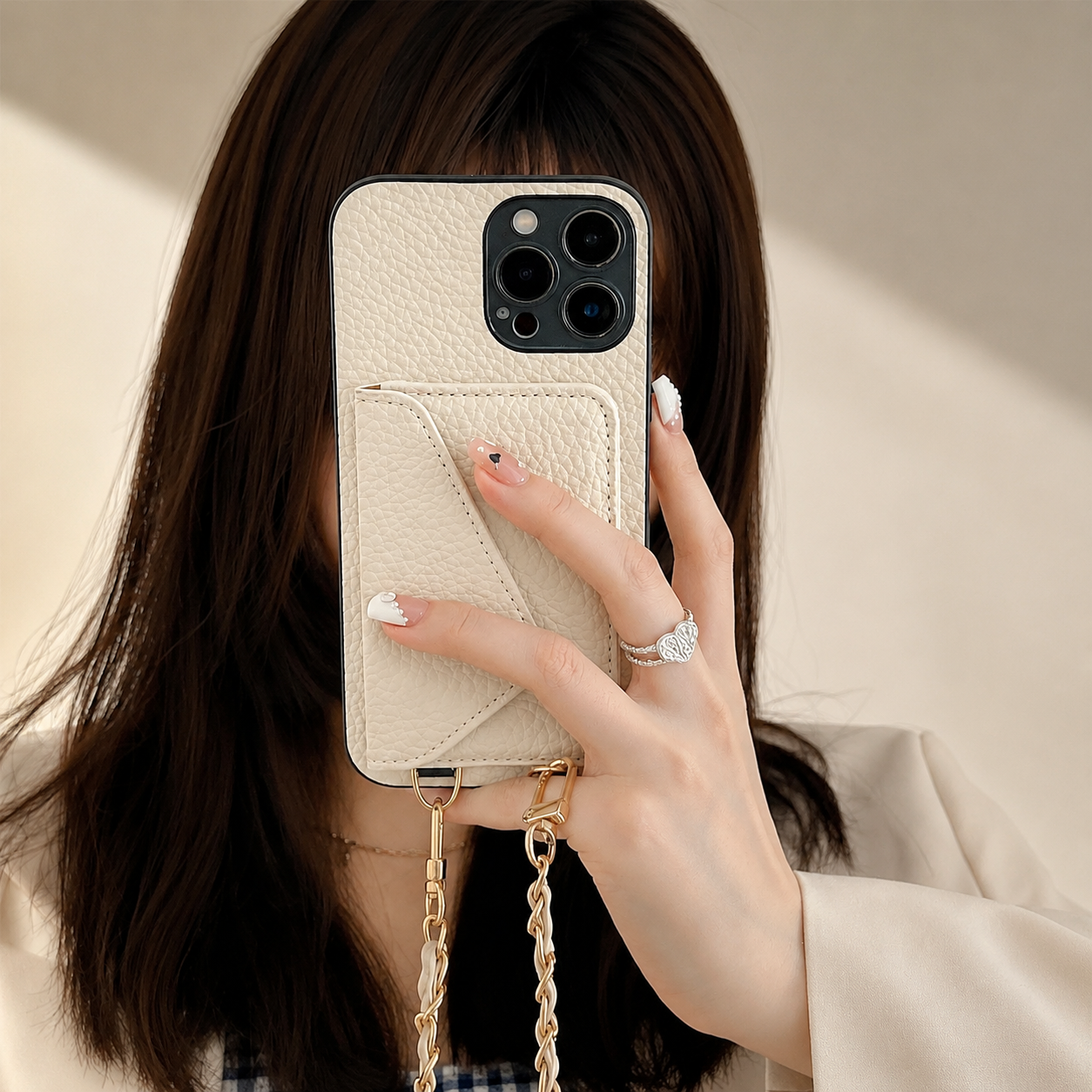 Premium iPhone Case Crossbody Wallet Cover Card Holder Chain Strap Camera Lens Protection PU Leather Shockproof Anti Scratch Full Coverage