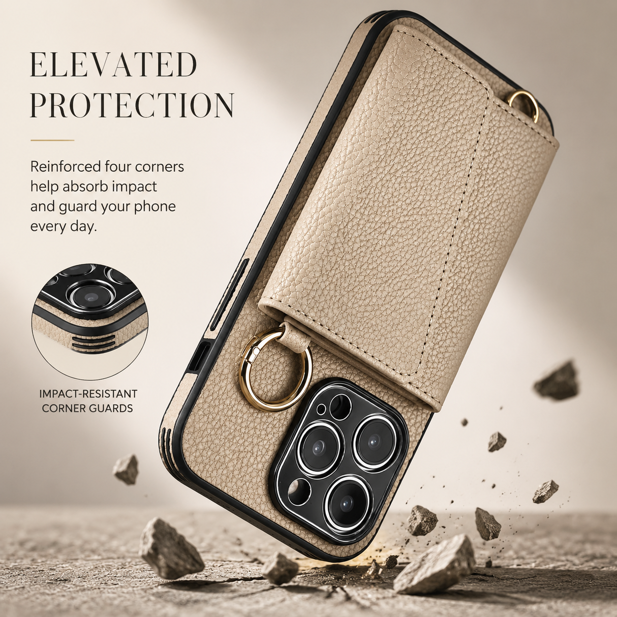 Premium iPhone Case Crossbody Wallet Leather Cover MagSafe Compatible Card Holder Strap Finger Ring Stand Shockproof Protective Case Full Coverage Design