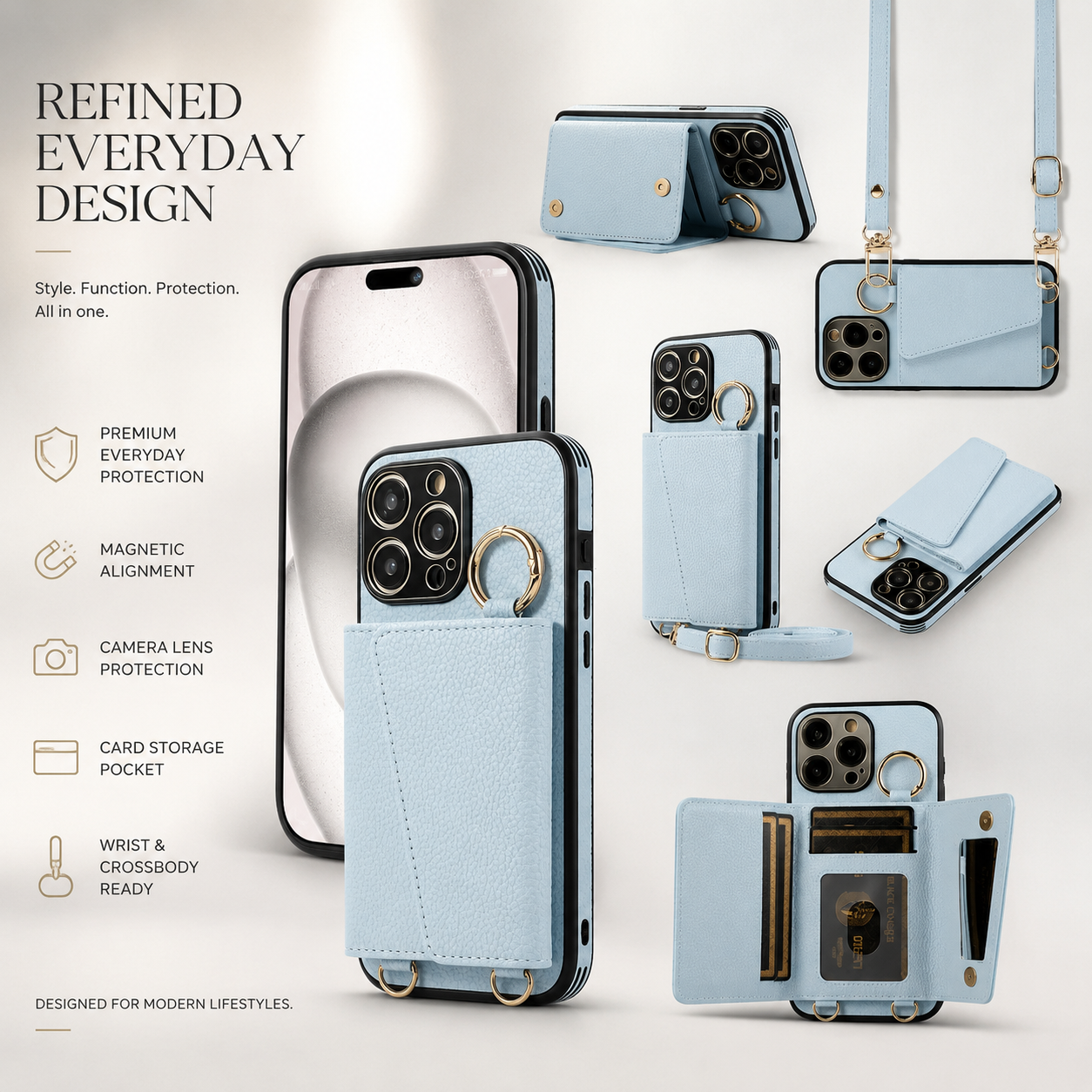 Premium iPhone Case Crossbody Wallet Leather Cover MagSafe Compatible Card Holder Strap Finger Ring Stand Shockproof Protective Case Full Coverage Design