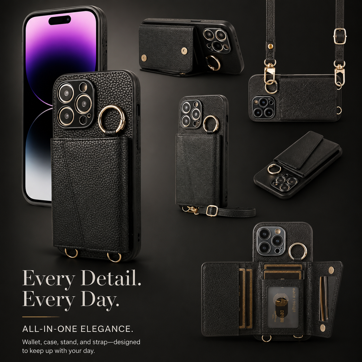 Premium iPhone Case Crossbody Wallet Leather Cover MagSafe Compatible Card Holder Strap Finger Ring Stand Shockproof Protective Case Full Coverage Design