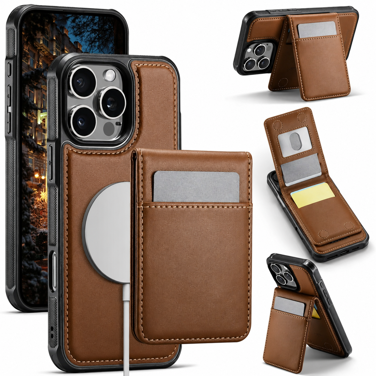 Premium iPhone Case Detachable Magnetic Leather Wallet Cover Card Slot Holder Kickstand Shockproof Anti Fingerprint Protective Design Slim Durable