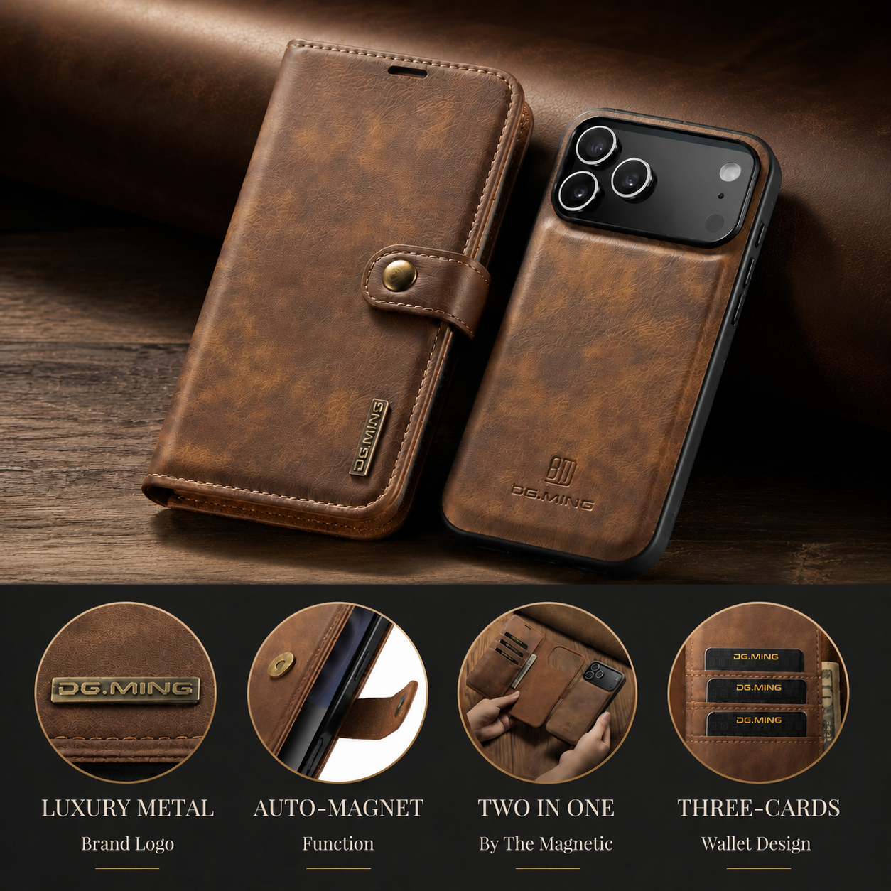 Premium iPhone Case Detachable Magnetic Leather Wallet Cover with Card Holder Flip Design Shockproof Full Body Protection Slim Durable Protective Style