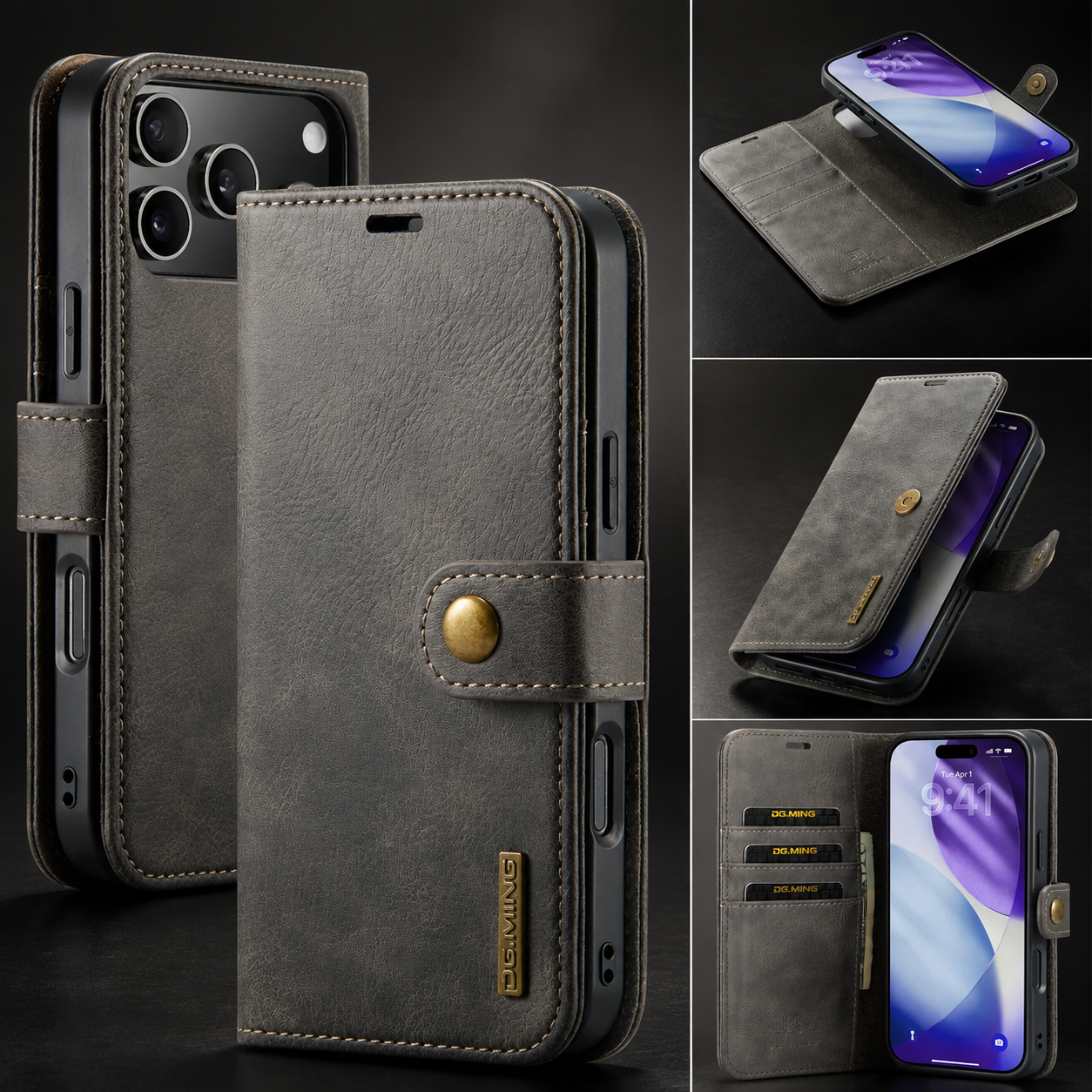 Premium iPhone Case Detachable Magnetic Leather Wallet Cover with Card Holder Flip Design Shockproof Full Body Protection Slim Durable Protective Style