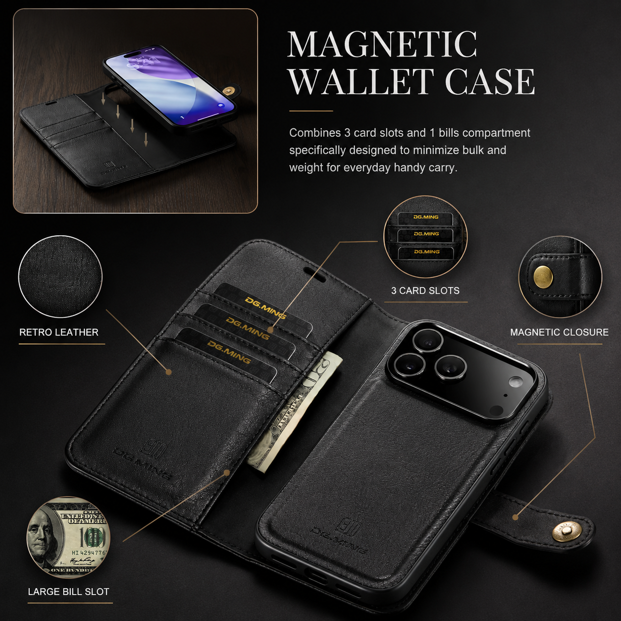 Premium iPhone Case Detachable Magnetic Leather Wallet Cover with Card Holder Flip Design Shockproof Full Body Protection Slim Durable Protective Style
