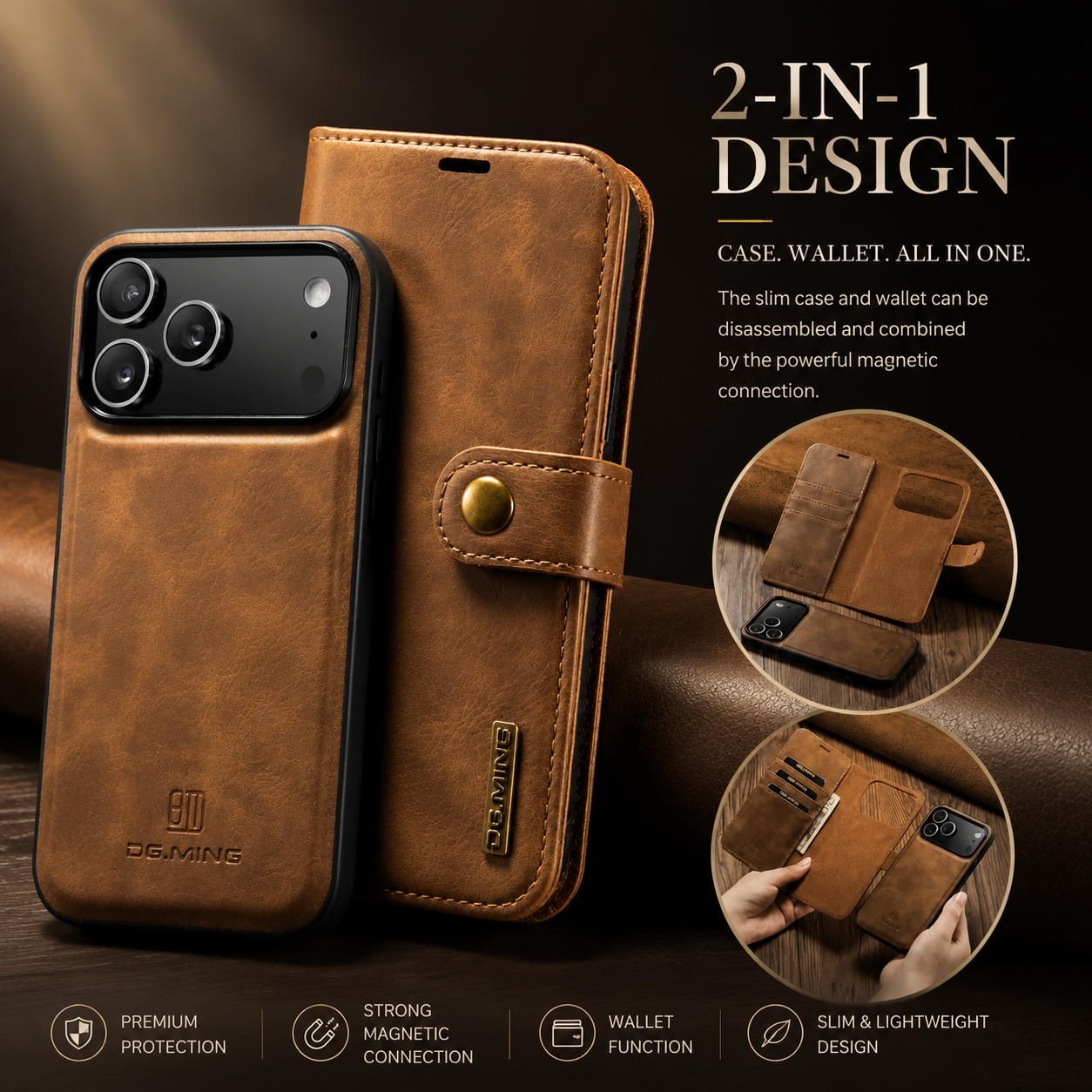 Premium iPhone Case Detachable Magnetic Leather Wallet Cover with Card Holder Flip Design Shockproof Full Body Protection Slim Durable Protective Style