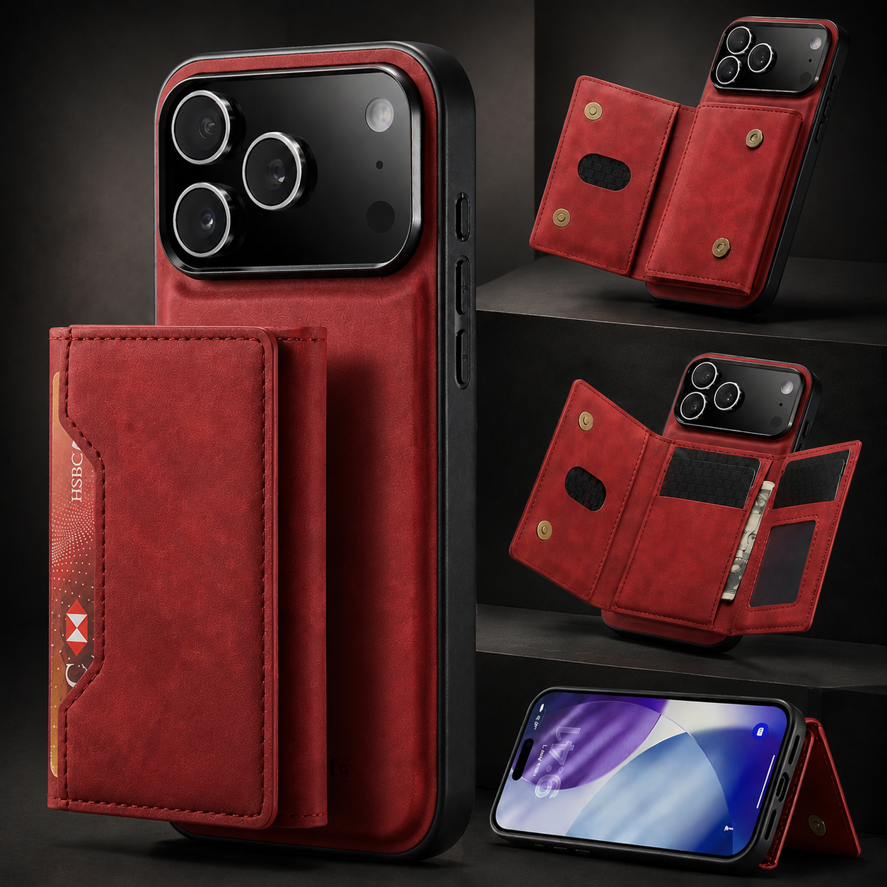 Premium iPhone Case Detachable Magnetic Leather Wallet Protective Cover Card Holder Kickstand Camera Lens Protection Anti Scratch Full Coverage
