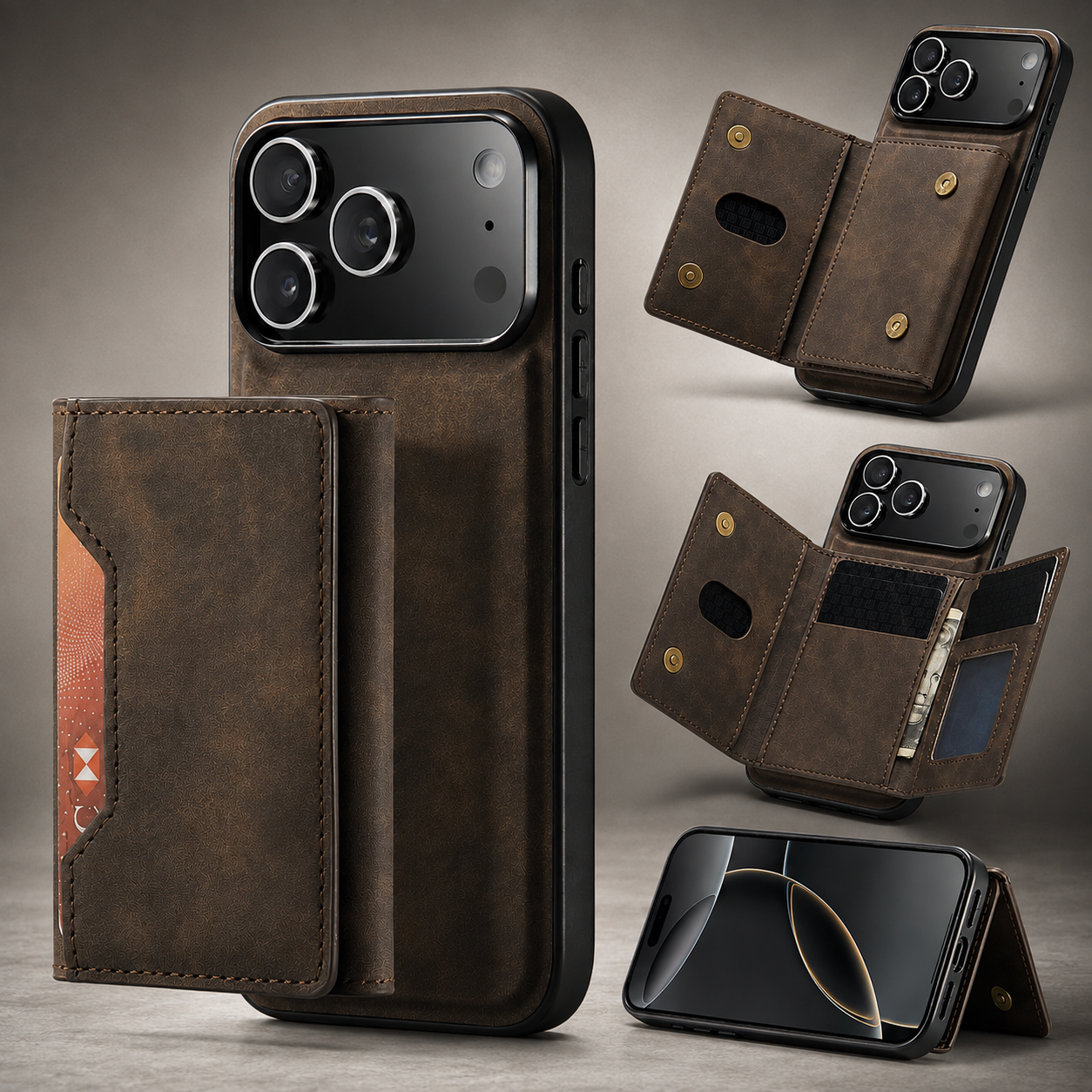Premium iPhone Case Detachable Magnetic Leather Wallet Protective Cover Card Holder Kickstand Camera Lens Protection Anti Scratch Full Coverage