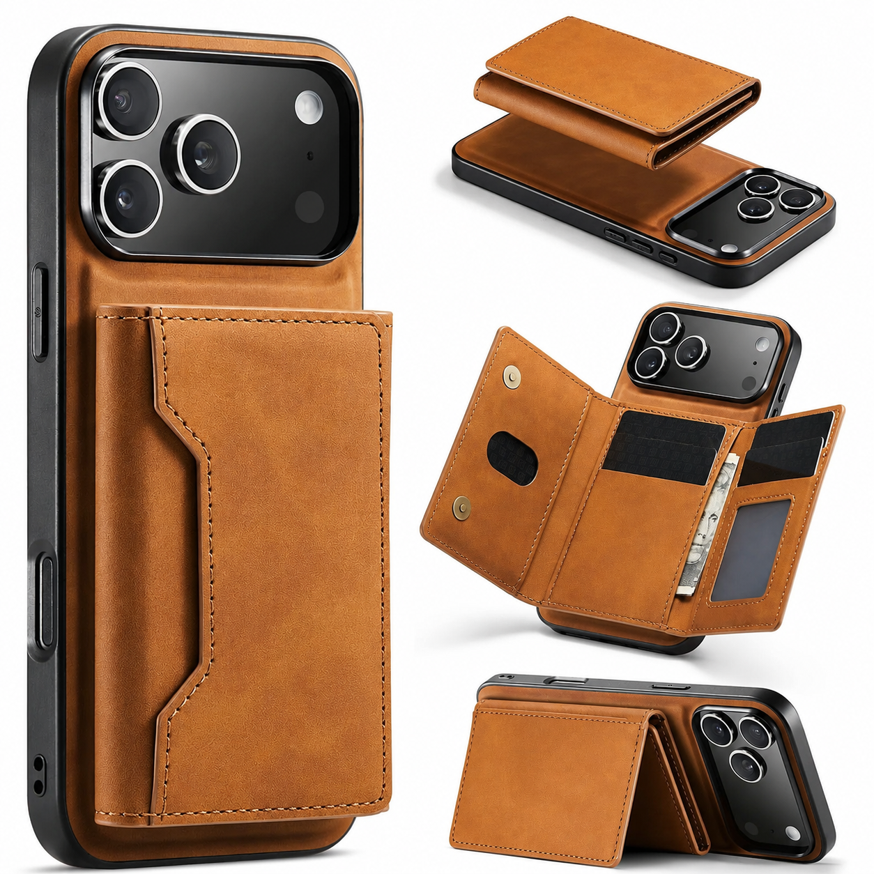 Premium iPhone Case Detachable Magnetic Leather Wallet Protective Cover Card Holder Kickstand Camera Lens Protection Anti Scratch Full Coverage