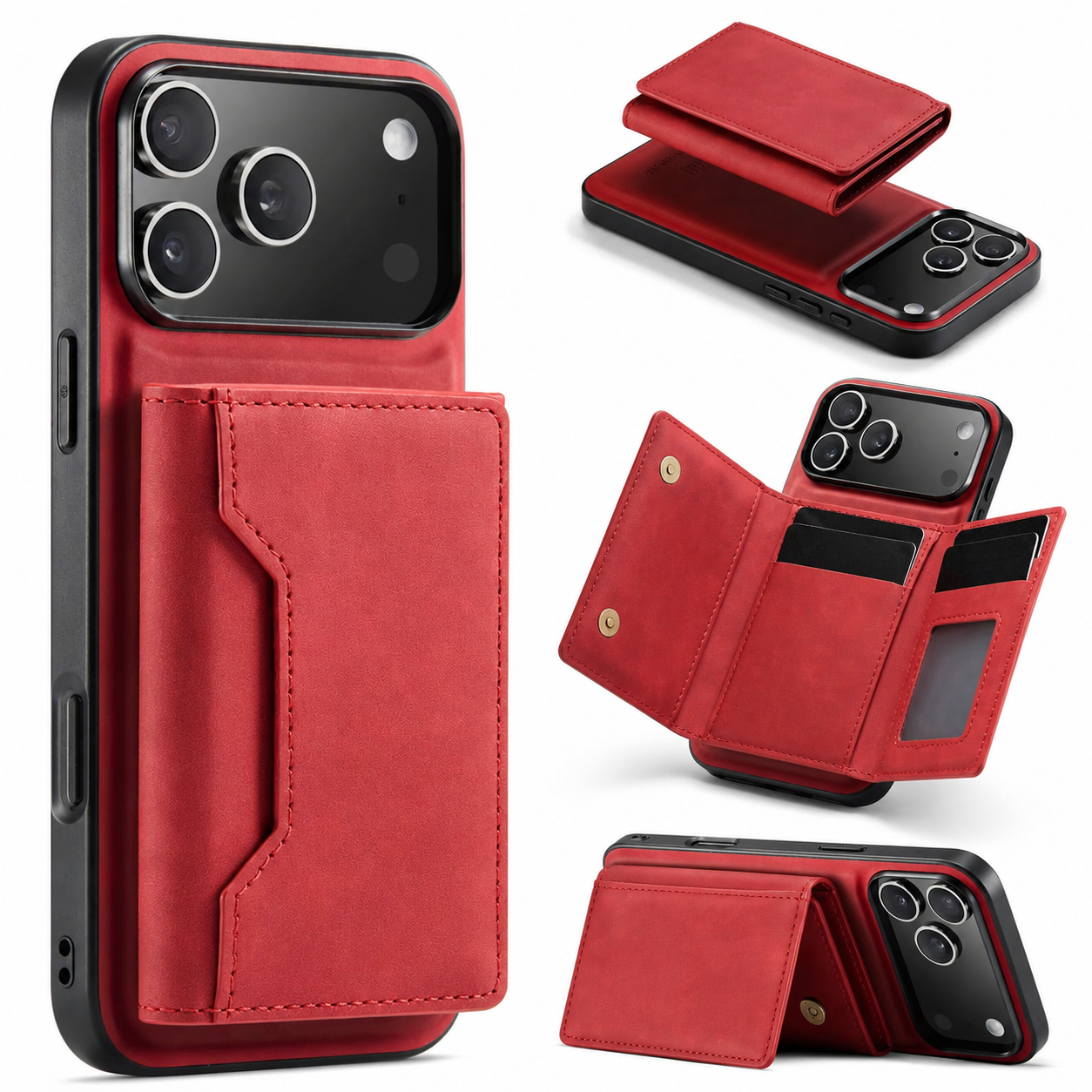 Premium iPhone Case Detachable Magnetic Leather Wallet Protective Cover Card Holder Kickstand Camera Lens Protection Anti Scratch Full Coverage