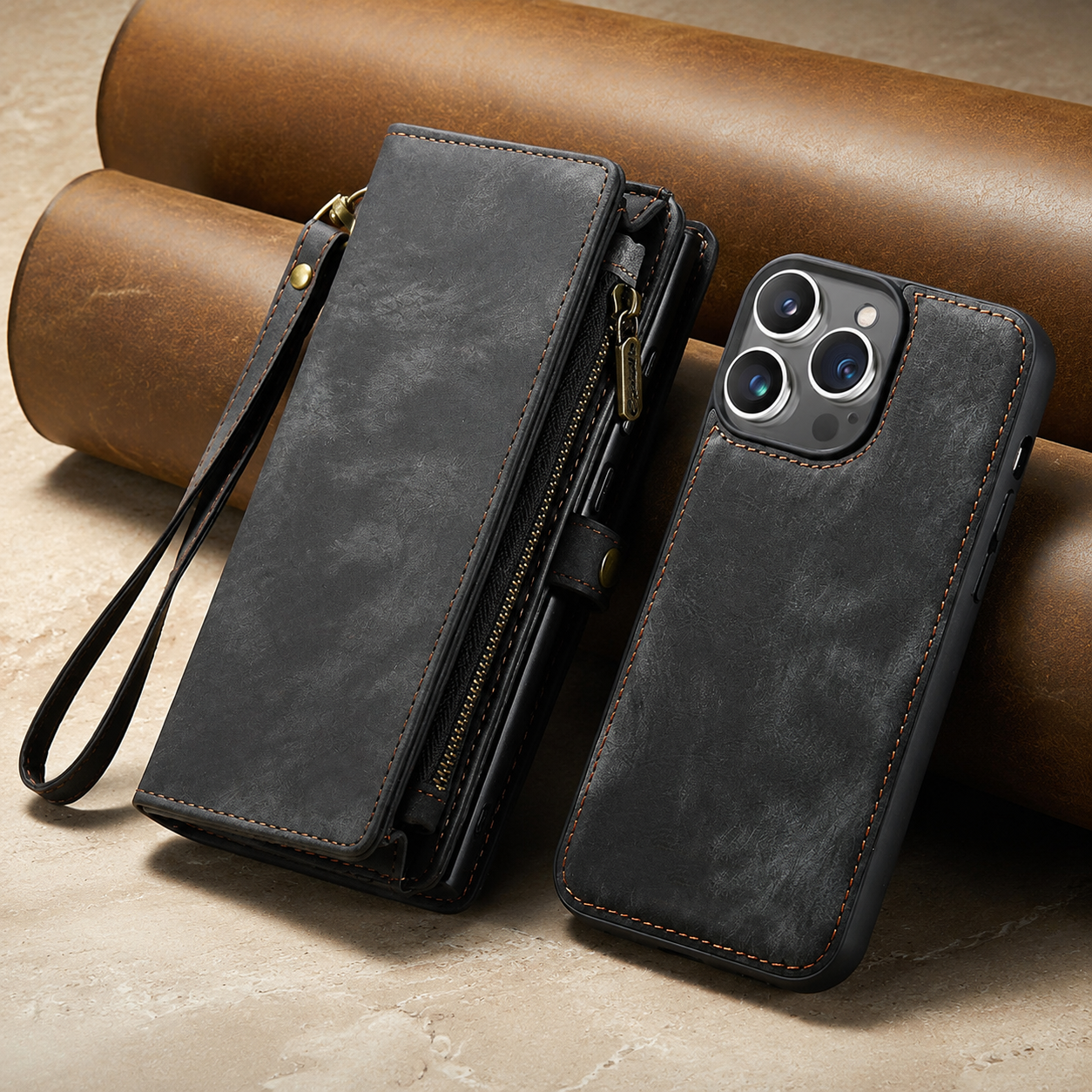 Premium iPhone Case Detachable Wallet Flip PU Leather Cover Zipper Card Holder Magnetic Closure Shockproof Protective Case Full Coverage Design