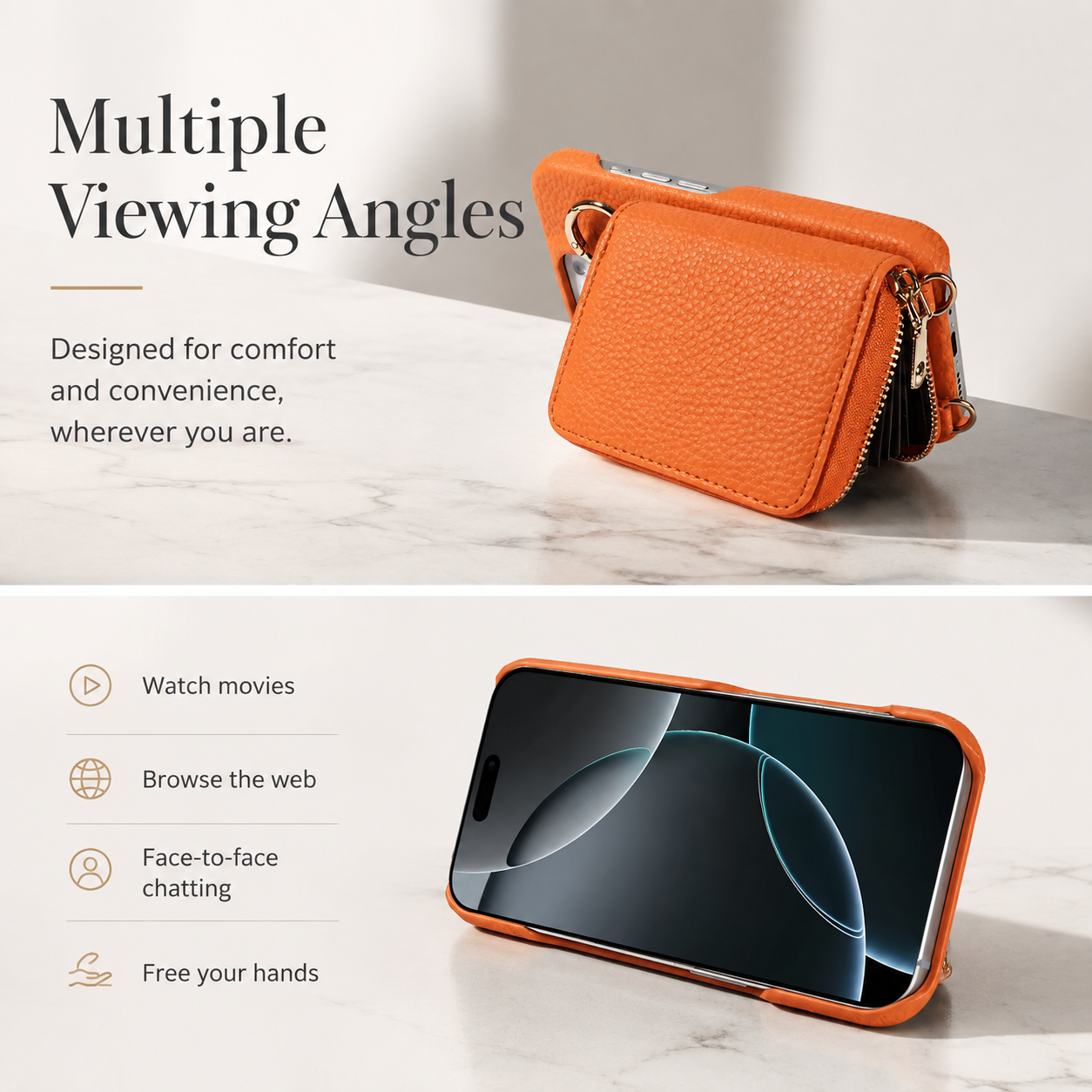 Premium iPhone Case Faux Leather Crossbody Wallet Cover Card Holder Ring Stand Shockproof Anti Scratch Protective Case Lanyard Full Coverage