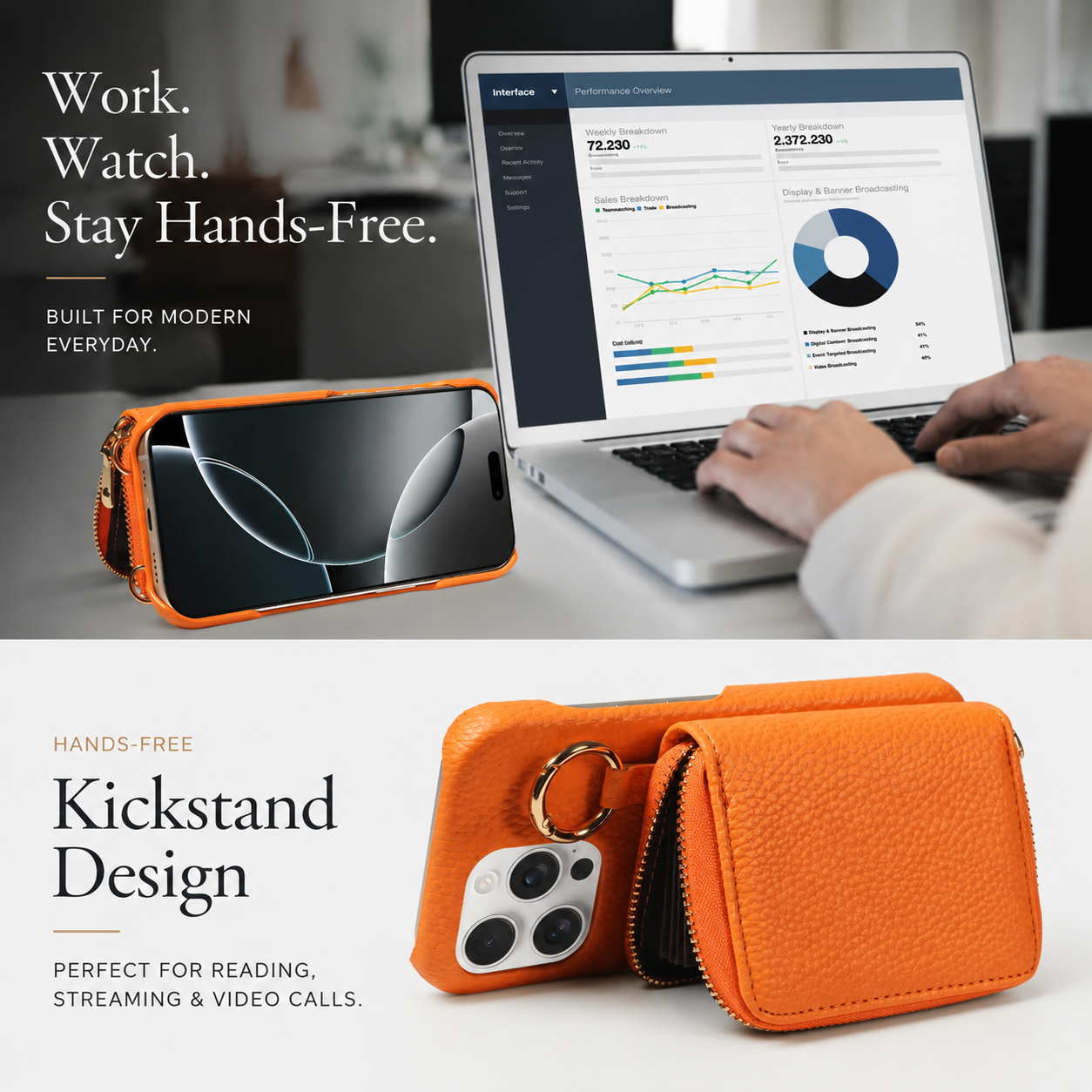Premium iPhone Case Faux Leather Crossbody Wallet Cover Card Holder Ring Stand Shockproof Anti Scratch Protective Case Lanyard Full Coverage