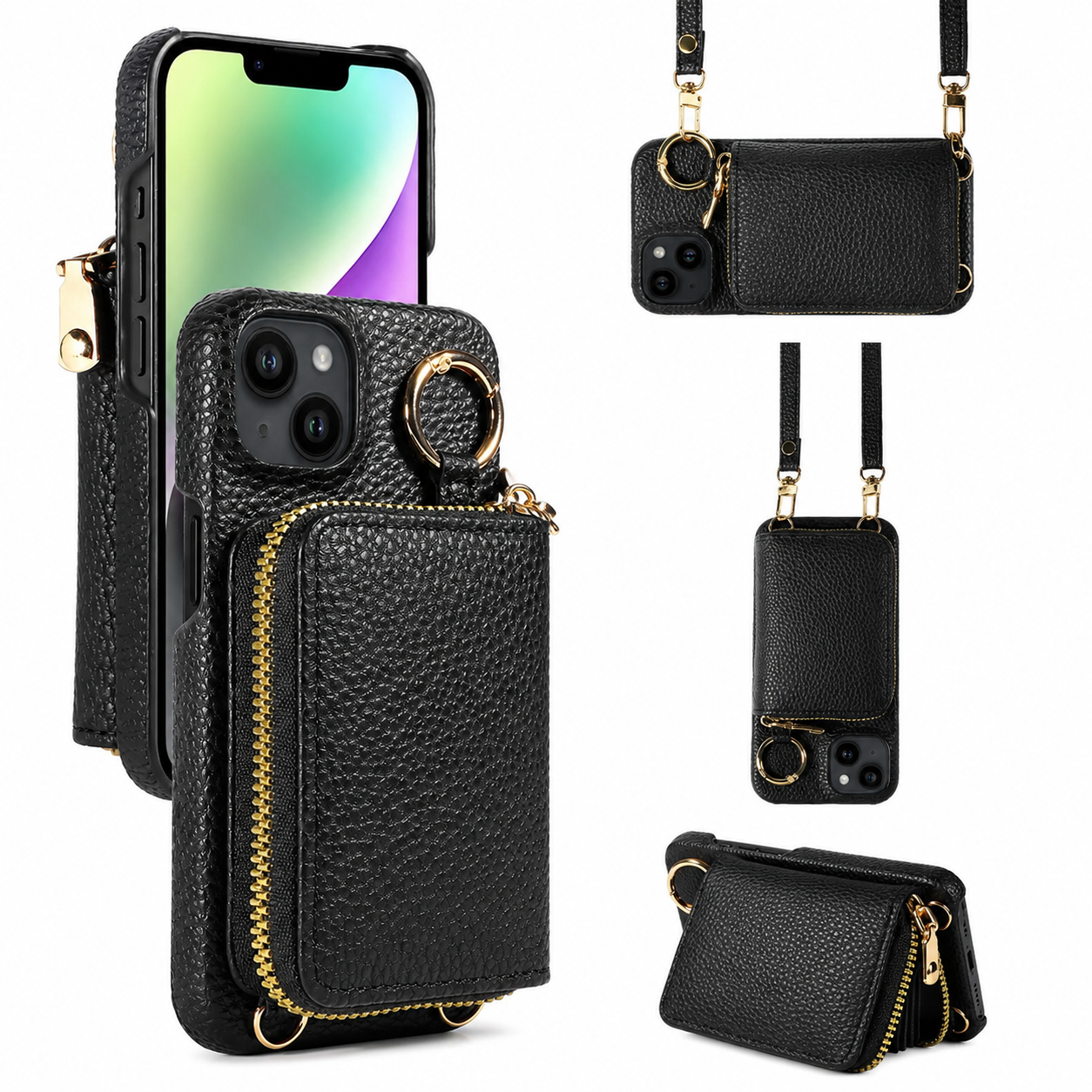 Premium iPhone Case Faux Leather Crossbody Wallet Cover Card Holder Ring Stand Shockproof Anti Scratch Protective Case Lanyard Full Coverage