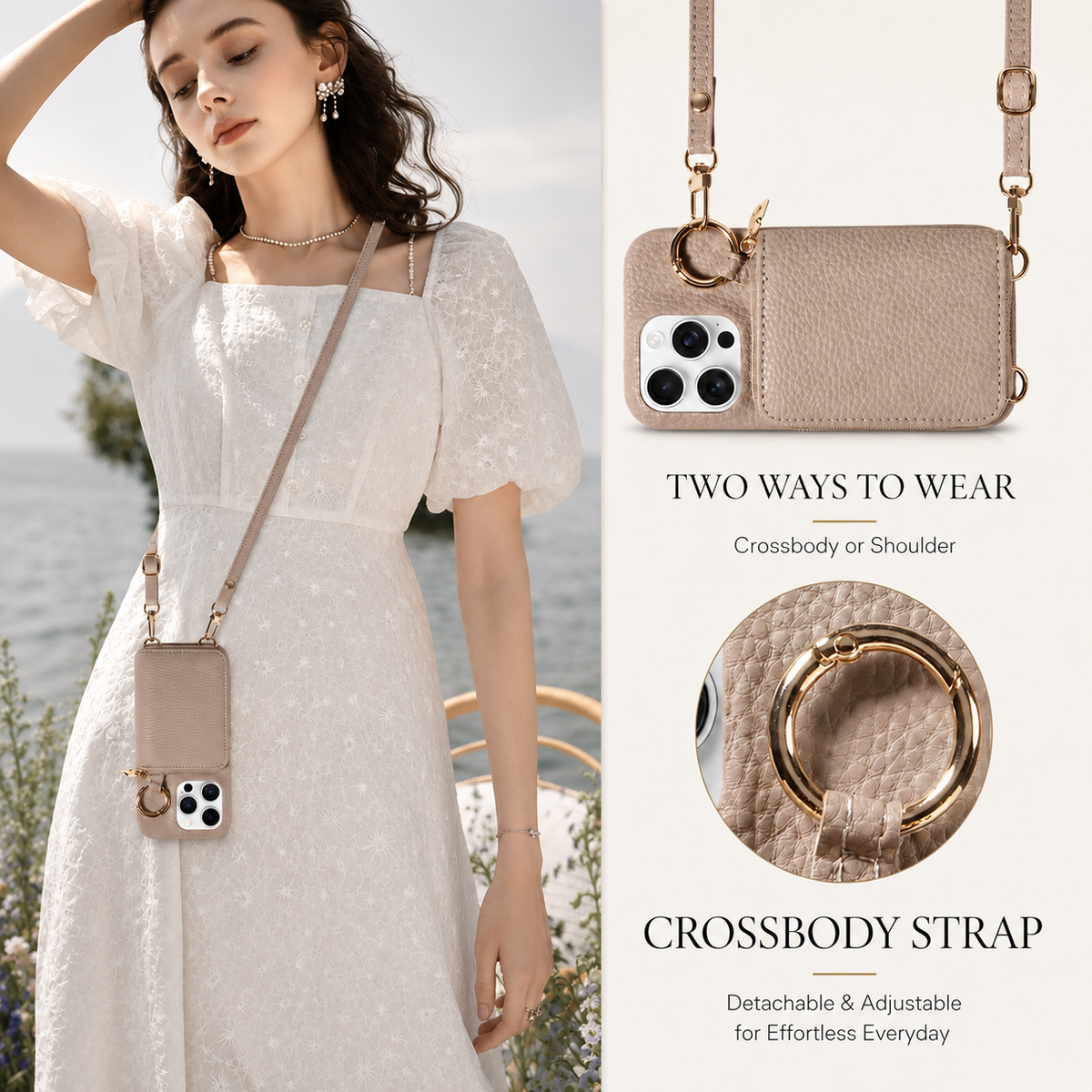 Premium iPhone Case Faux Leather Wallet Cover Card Holder Crossbody Strap Ring Holder Shockproof Protective Full Coverage Slim Design
