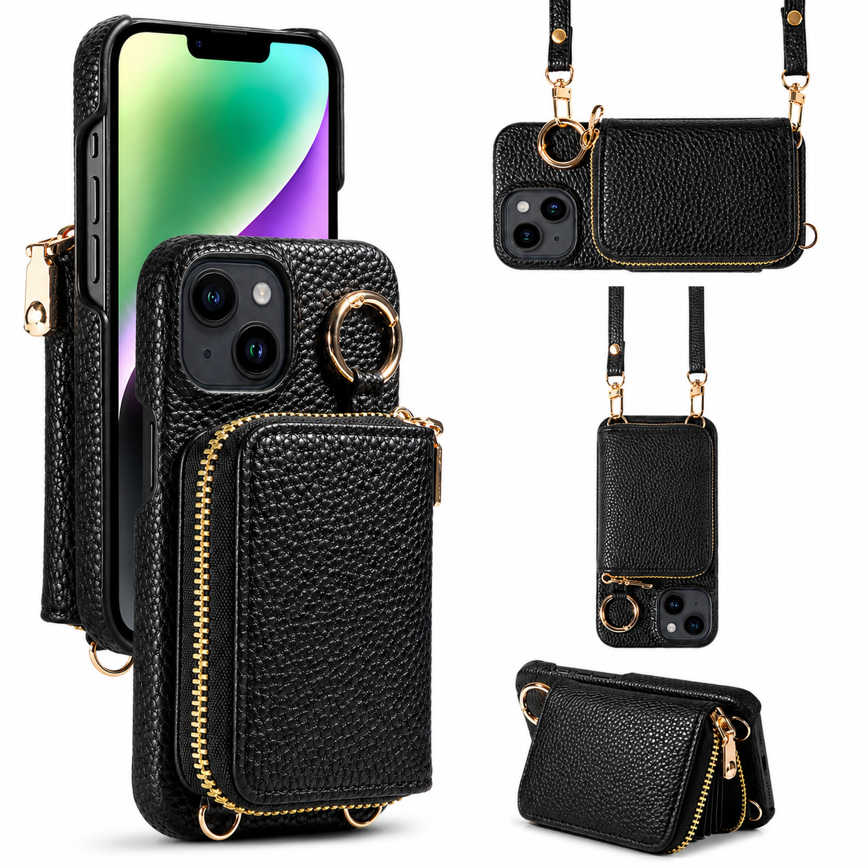 Premium iPhone Case Faux Leather Wallet Cover Card Holder Crossbody Strap Ring Holder Shockproof Protective Full Coverage Slim Design