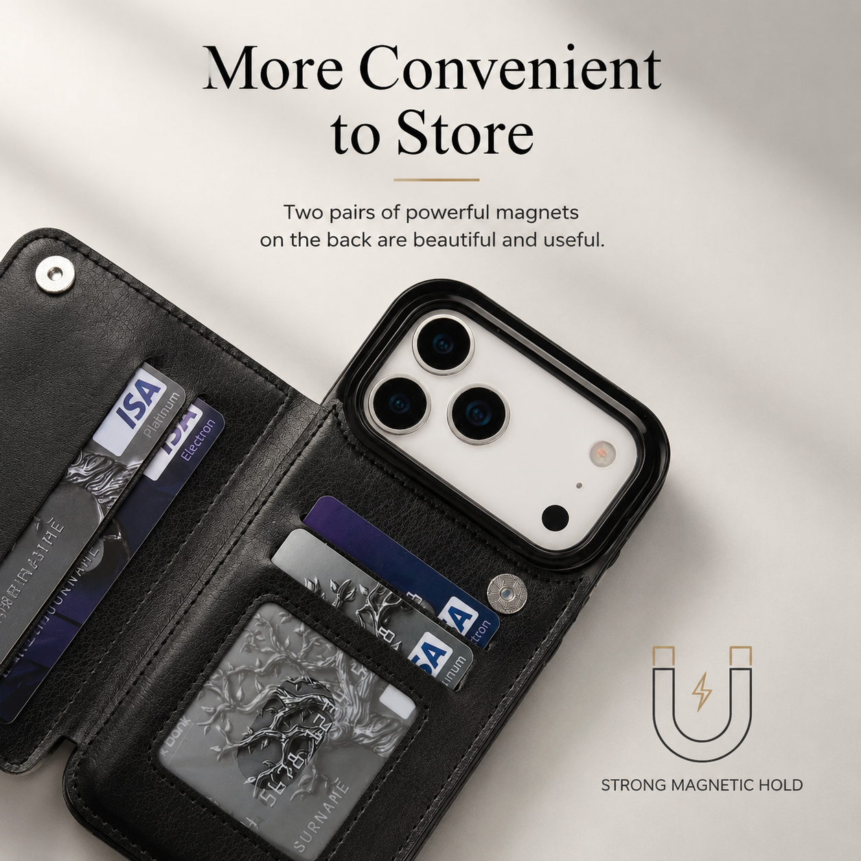 Premium iPhone Case Faux Leather Wallet Flip Cover Card Holder Double Magnetic Clasp Shockproof Kickstand Protective Case Slim Full Coverage