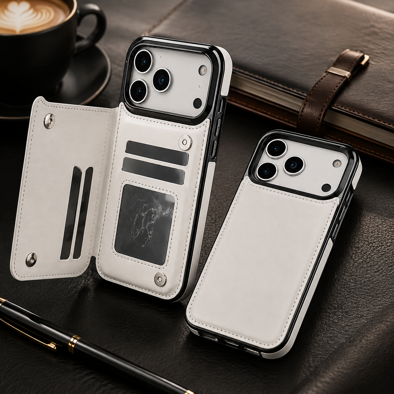 Premium iPhone Case Faux Leather Wallet Flip Cover Card Holder Double Magnetic Clasp Shockproof Kickstand Protective Case Slim Full Coverage