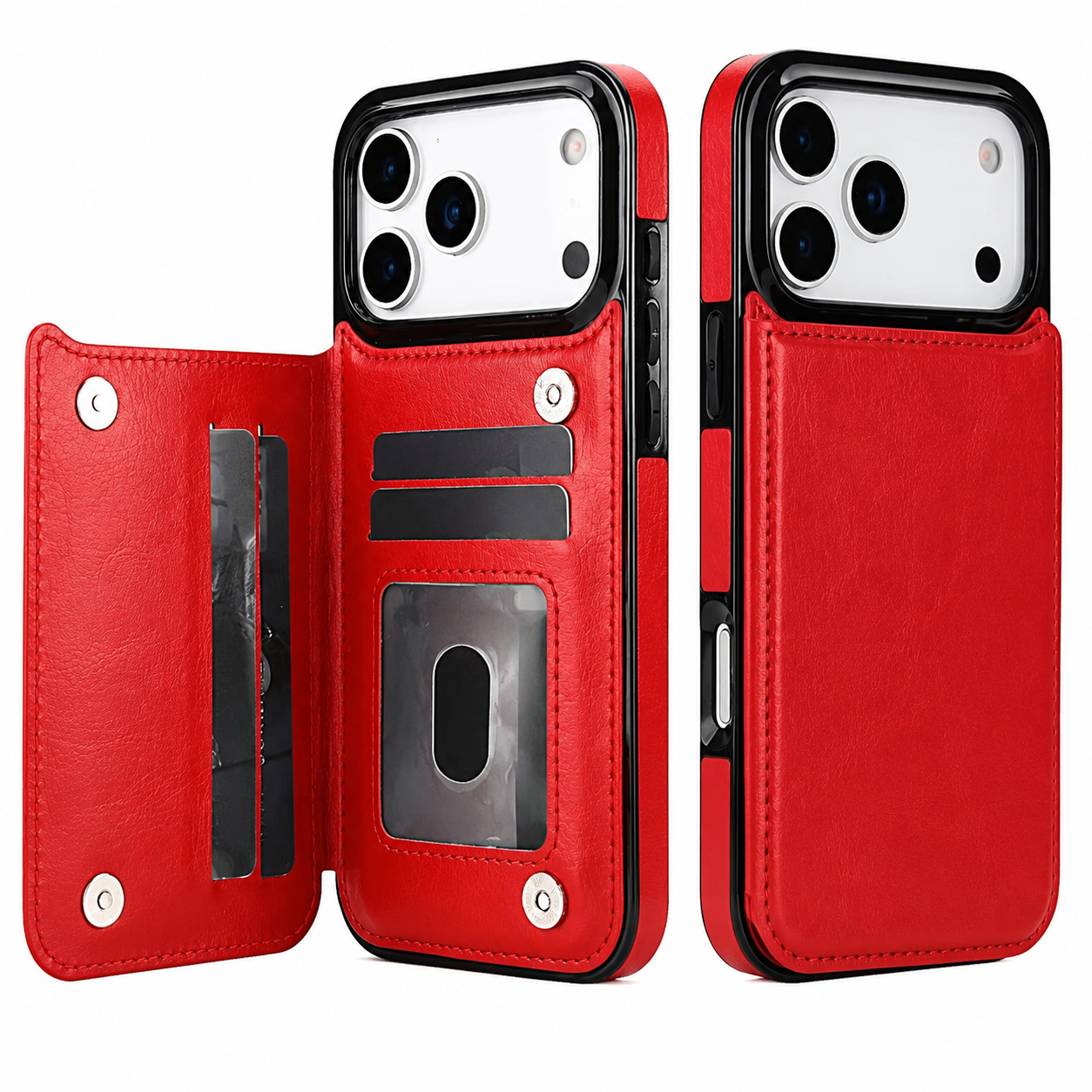 Premium iPhone Case Faux Leather Wallet Flip Cover Card Holder Double Magnetic Clasp Shockproof Kickstand Protective Case Slim Full Coverage