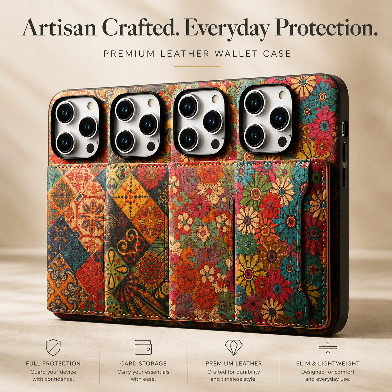Premium iPhone Case Flower Pattern Leather Wallet Cover Magnetic Closure Card Holder Stand Function Shockproof Protective Flip Case Full Coverage Design