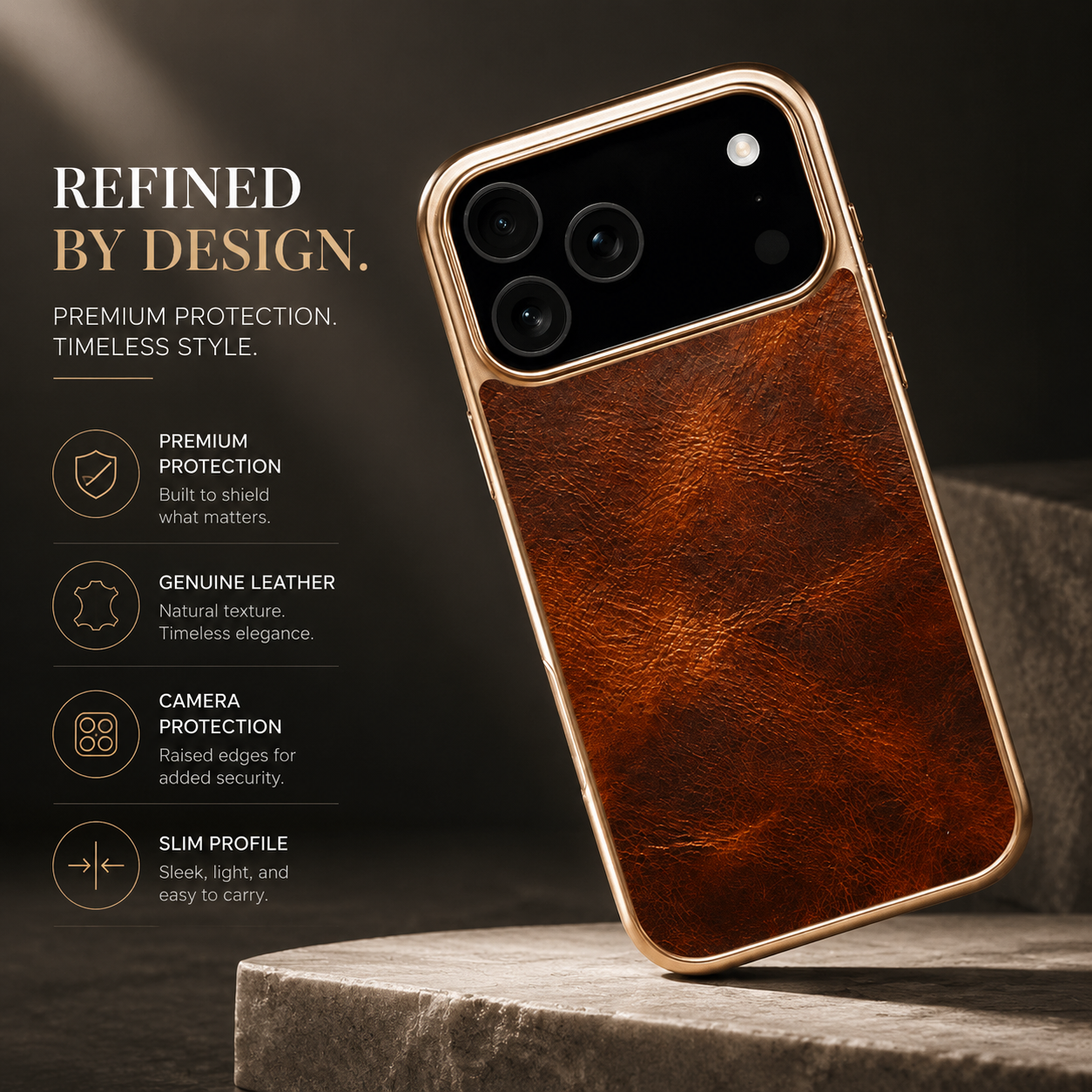 Premium iPhone Case Genuine Cowhide Leather Protective Cover Electroplated Frame Shockproof Non Slip Heat Resistant Scratch Resistant Slim Full Coverage