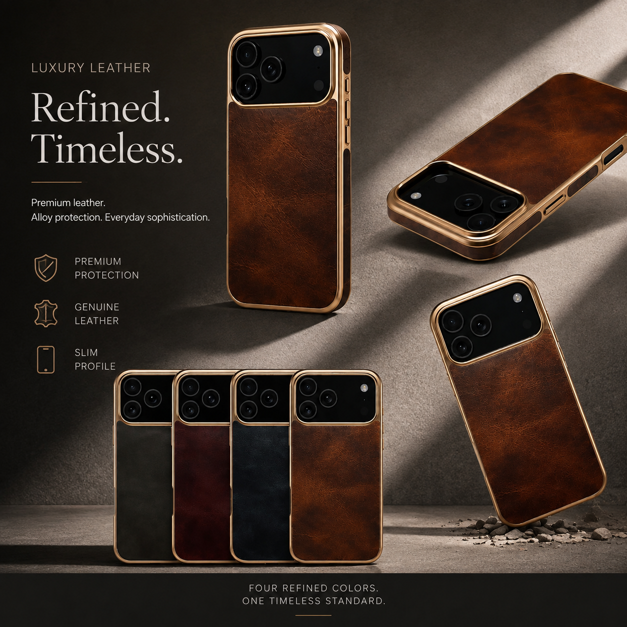 Premium iPhone Case Genuine Cowhide Leather Protective Cover Electroplated Frame Shockproof Non Slip Heat Resistant Scratch Resistant Slim Full Coverage