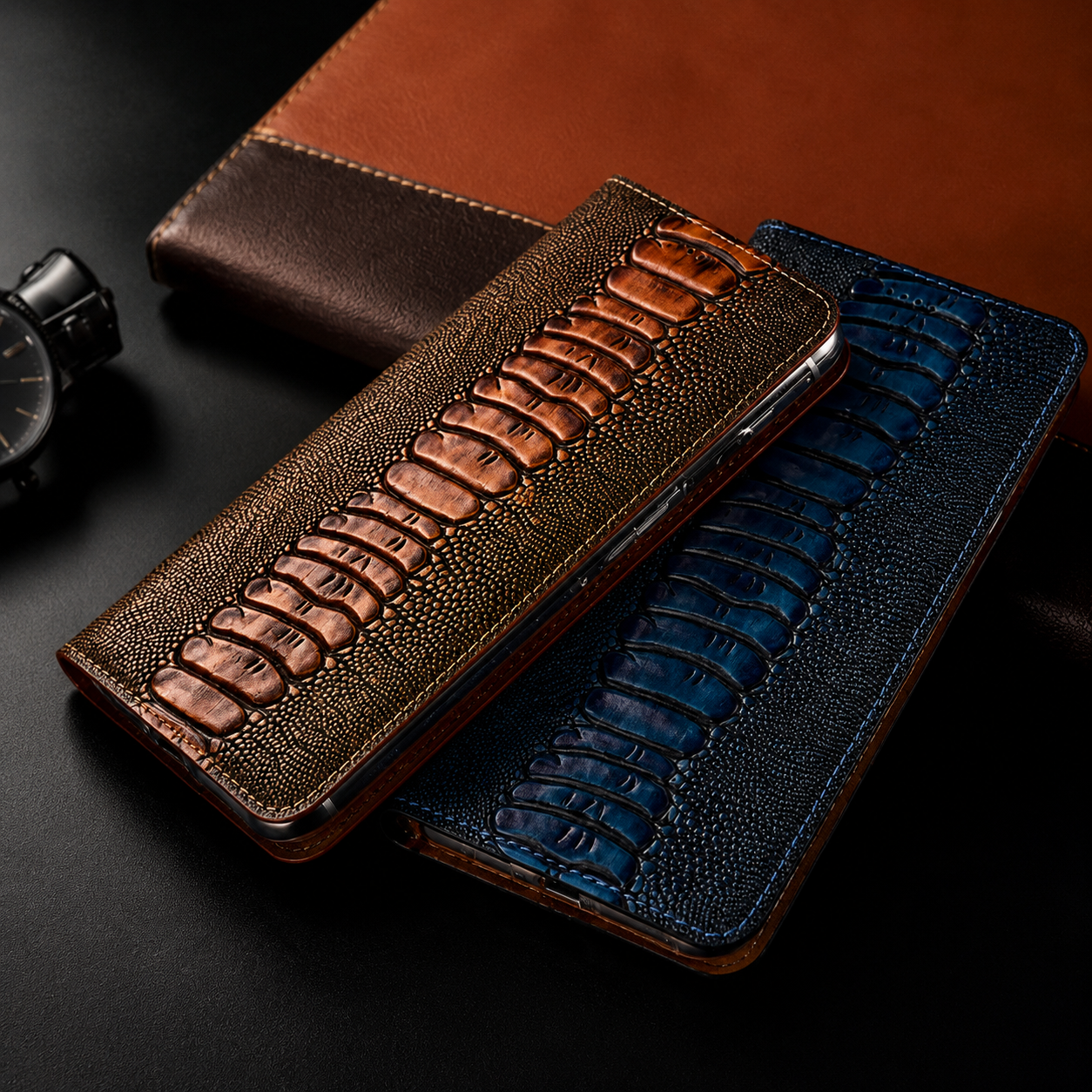 Premium iPhone Case Genuine Leather Flip Wallet Cover Card Holder Stand Magnetic Closure Shockproof Protective Case Full Coverage Slim Design