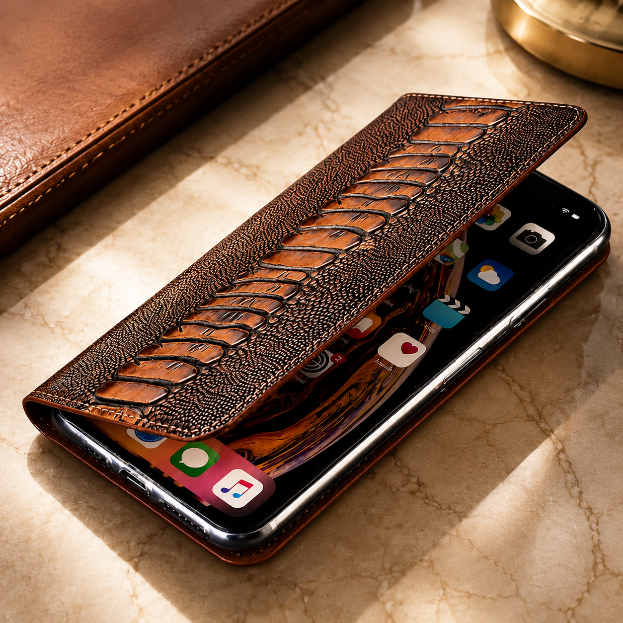 Premium iPhone Case Genuine Leather Flip Wallet Cover Card Holder Stand Magnetic Closure Shockproof Protective Case Full Coverage Slim Design