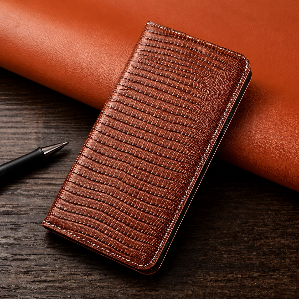 Premium iPhone Case Genuine Leather Flip Wallet Cover Cowhide Crocodile Grain Card Holder Stand Shockproof Protective Case Magnetic Closure Full Coverage