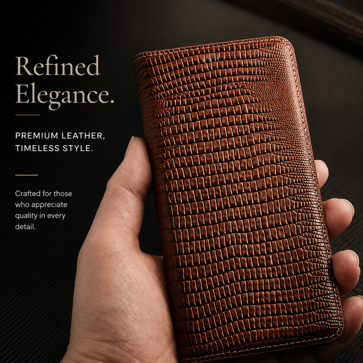 Premium iPhone Case Genuine Lizard Leather Flip Wallet Cover Magnetic Closure Kickstand Card Holder Shockproof Full Body Protection Design