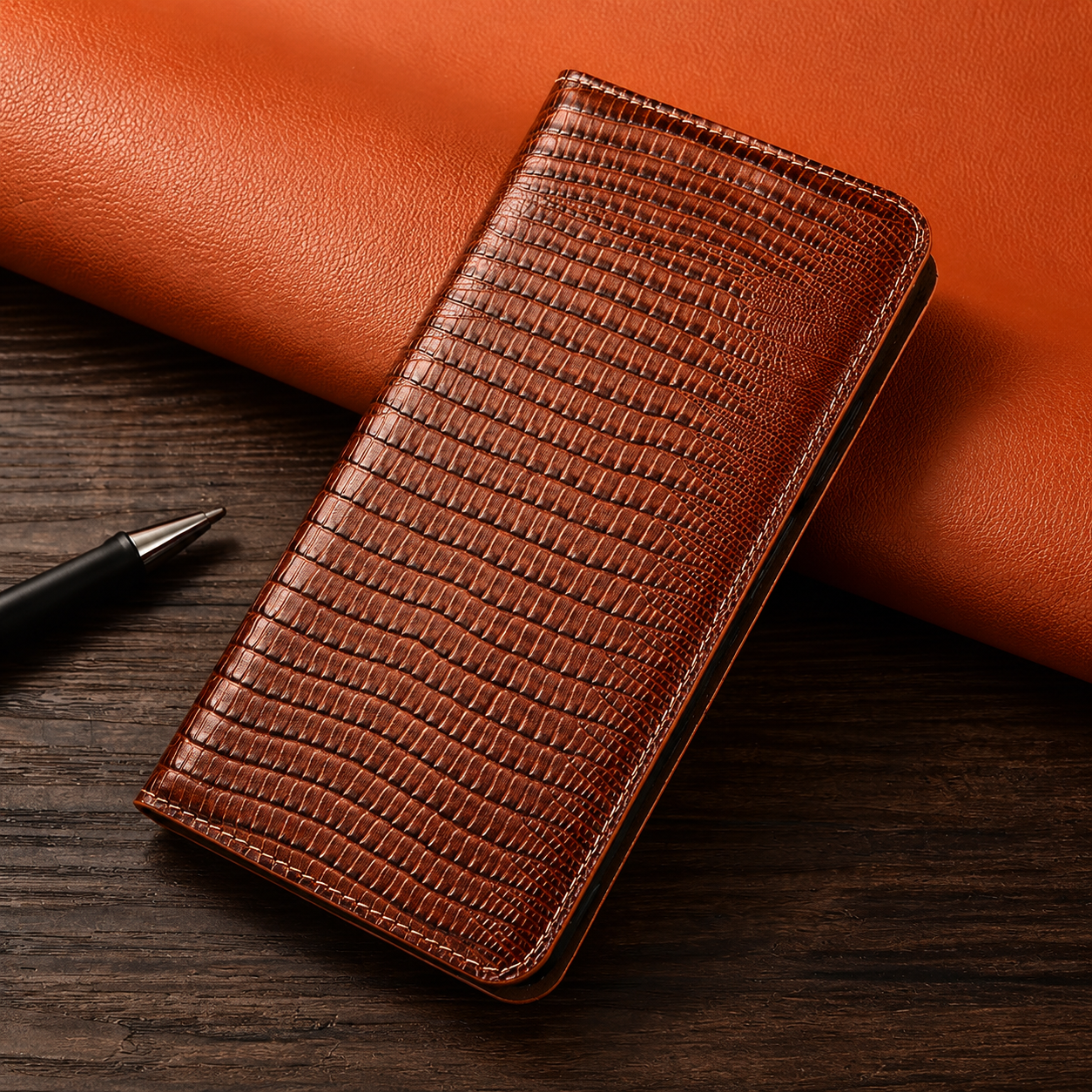 Premium iPhone Case Genuine Lizard Leather Flip Wallet Cover Magnetic Closure Kickstand Card Holder Shockproof Full Body Protection Design