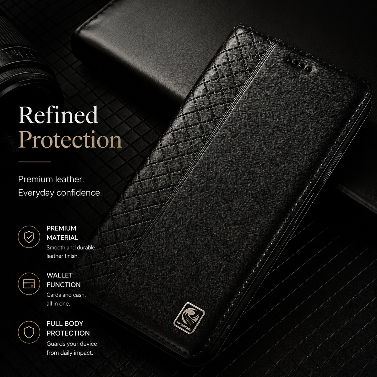 Premium iPhone Case Genuine Nappa Leather Wallet Flip Cover Card Holder Magnetic Closure Stand Function Shockproof Protective Business Design