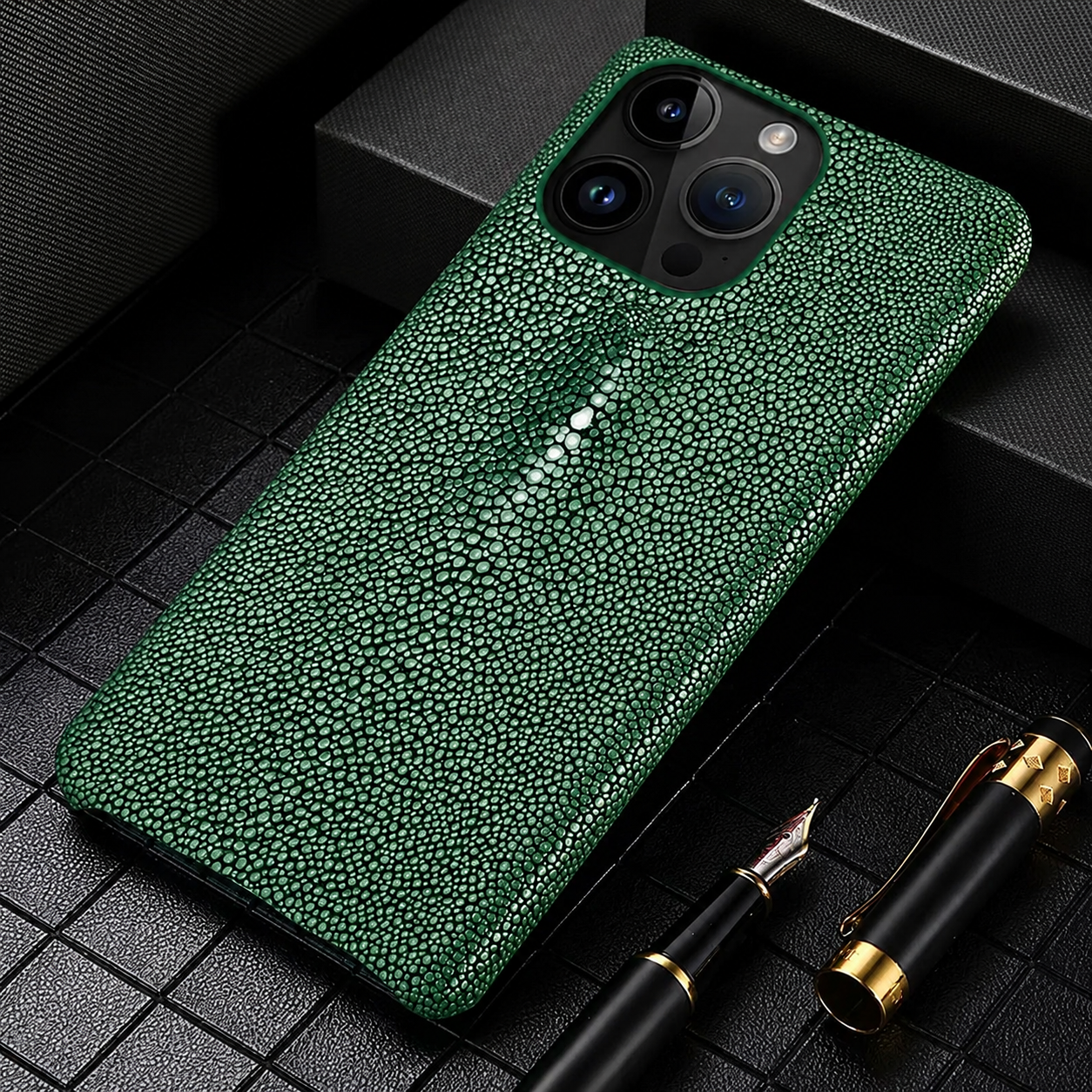 Premium iPhone Case Genuine Stingray Leather Shockproof Cover Camera Lens Protection Anti Fingerprint Dustproof Lightweight Half Wrapped Protective Design